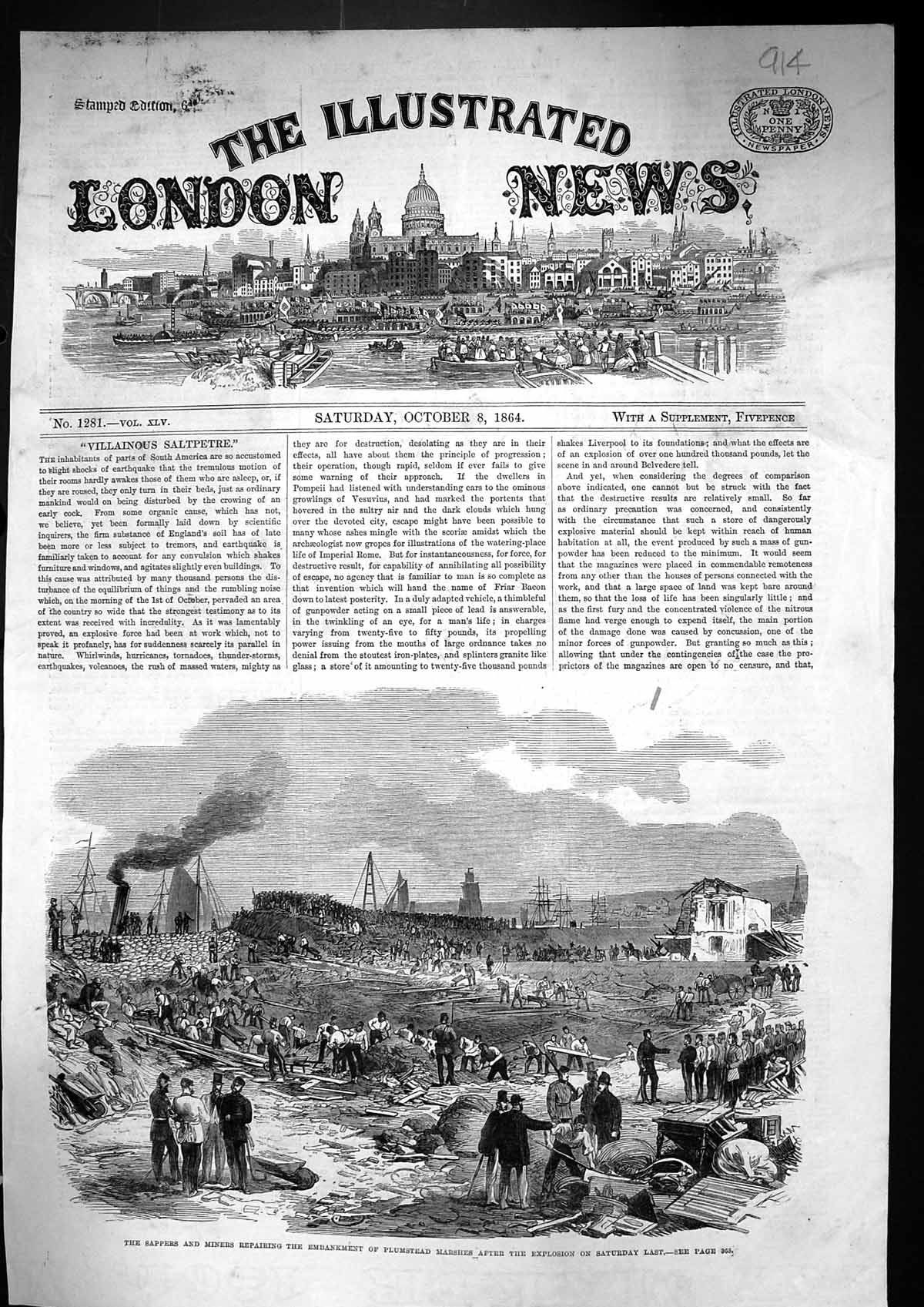 Antique Old Print 1864 Sappers Miners Embankment Plumstead Marshes Explosion