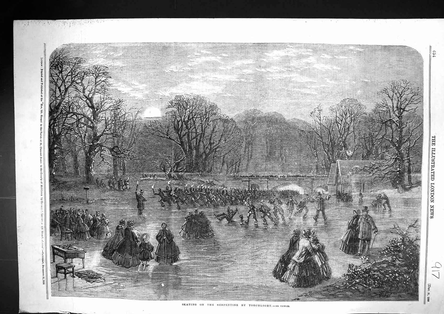 Antique Print 1859 Ice Skating Serpentine Frozen River Torchlight Fine Art 19th
