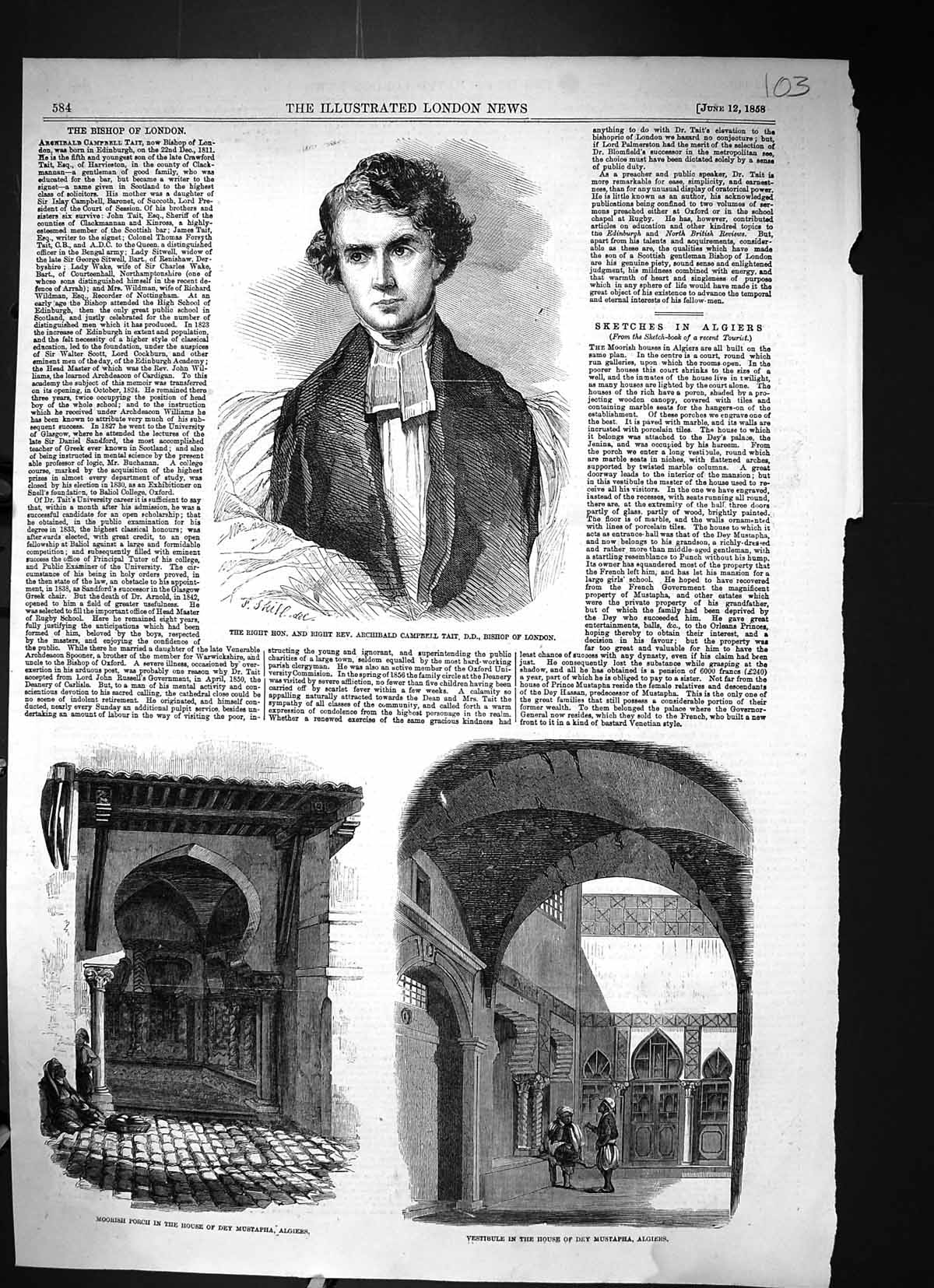 Old 1858 Rev. Archibald Campbell Tait Bishop London House Dey Mustaph Victorian