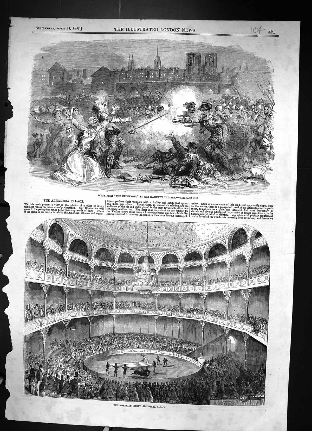 Old 1858 American Circus Alhambra Palace Scene Huguenots Majesty Thea Victorian
