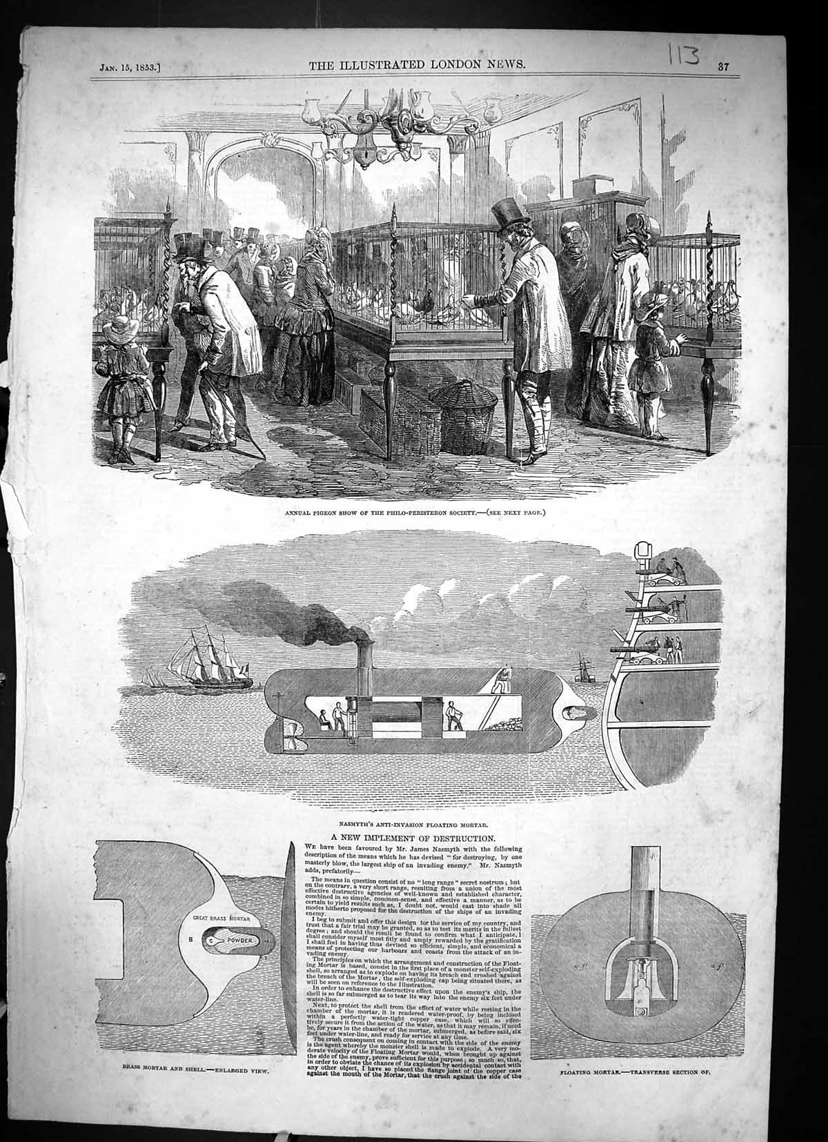 Old 1853 Pigeon Show Philo-Peristeron Nasmyth Anti-Invasion Floating Victorian