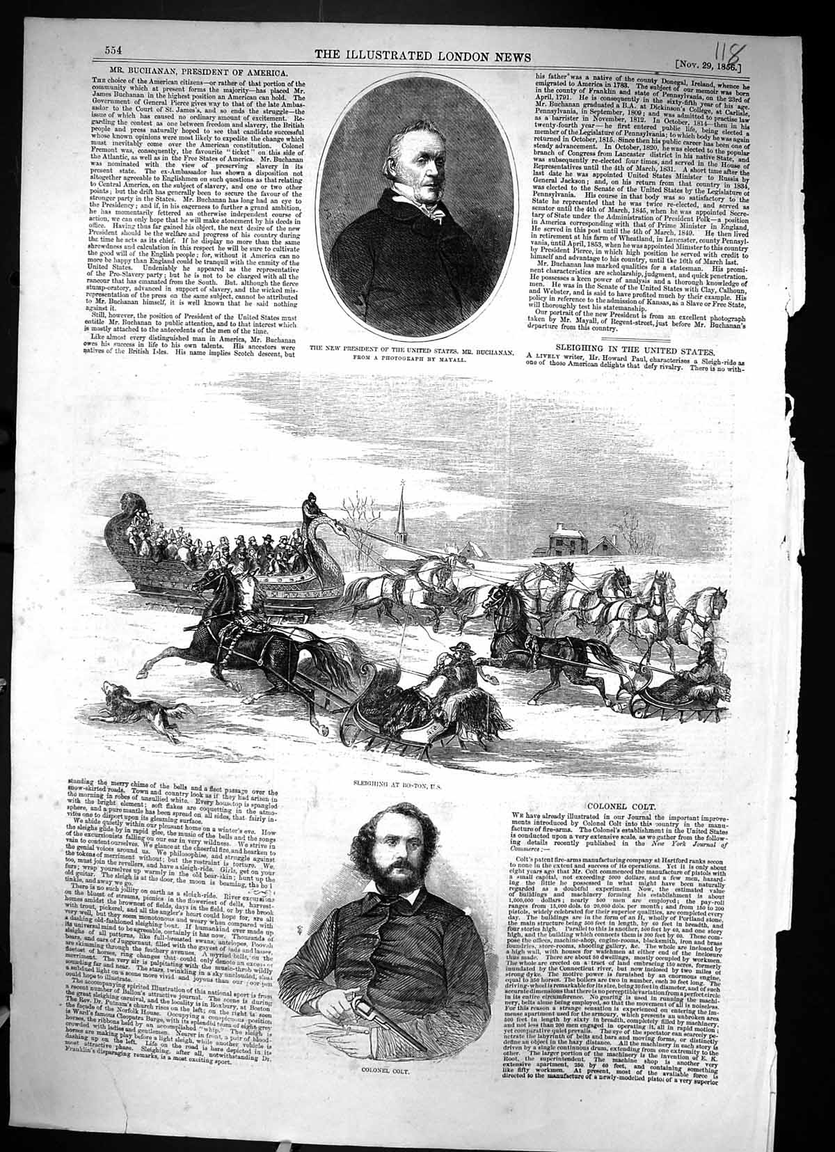 Old 1856 President United States Buchanan Colonel Colt Sleighing Bost Victorian