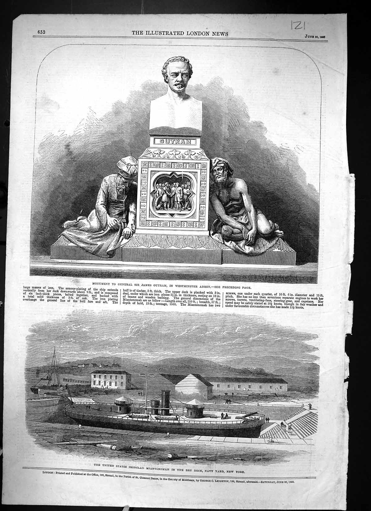 Old 1866 Monument General James Outram Westminster Abbey Ship Mianton Victorian