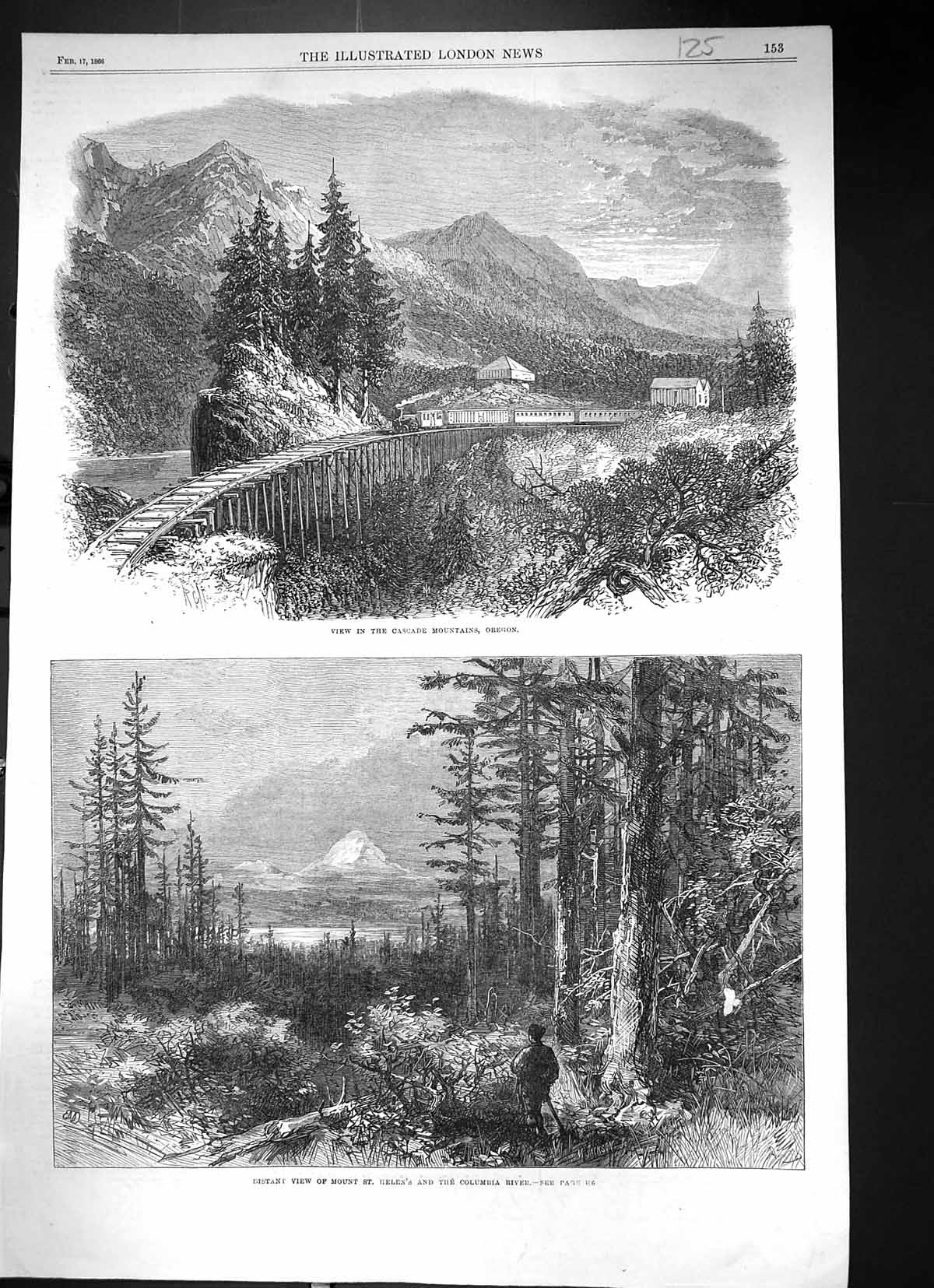 Old 1866 Cascade Mountains Oregon Mount St. Helen'S Columbia River Tr Victorian