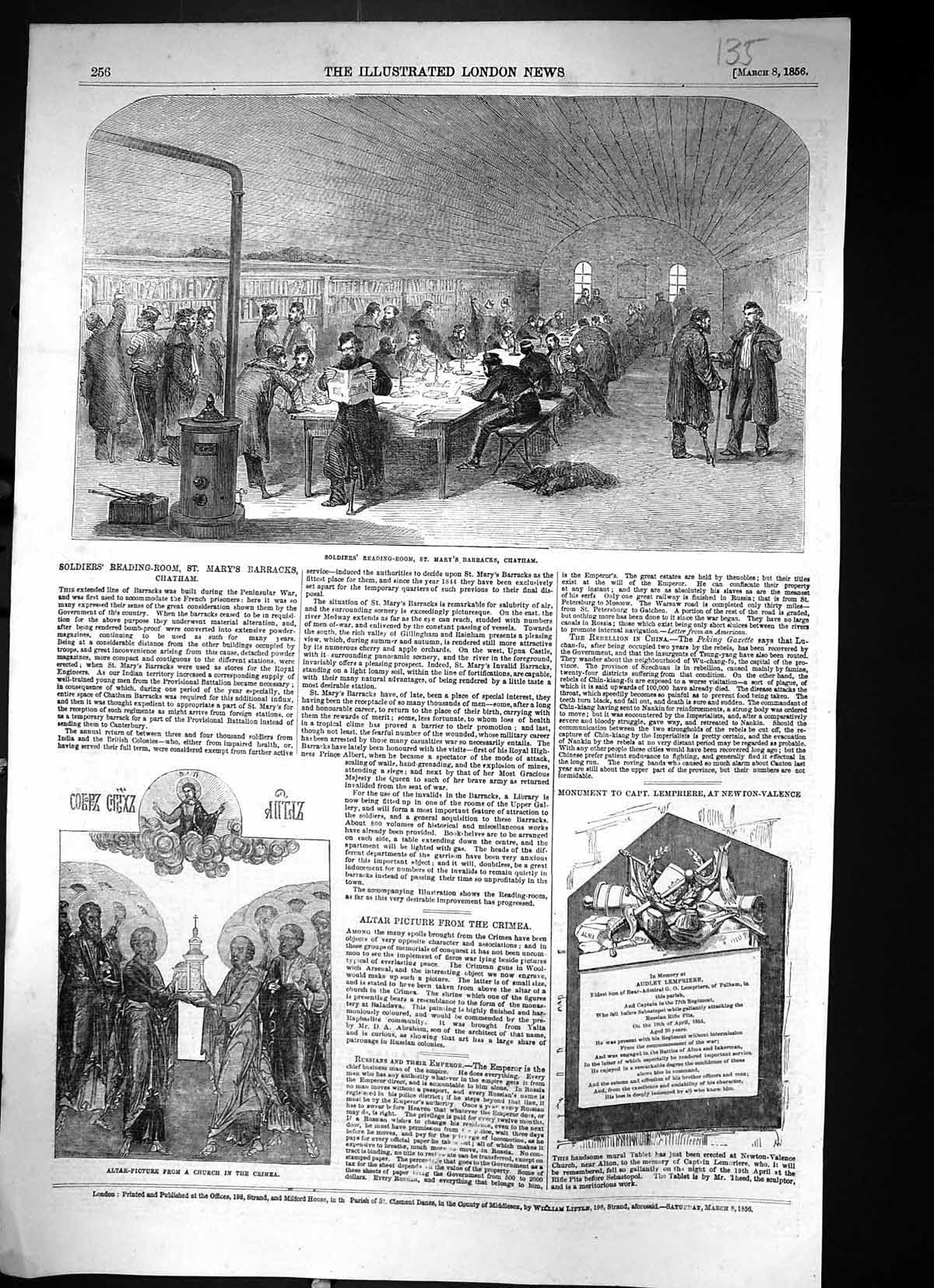Old Print 1856 Siers Reading Room St. Mary'S Barracks Chatham Church Cri 19th