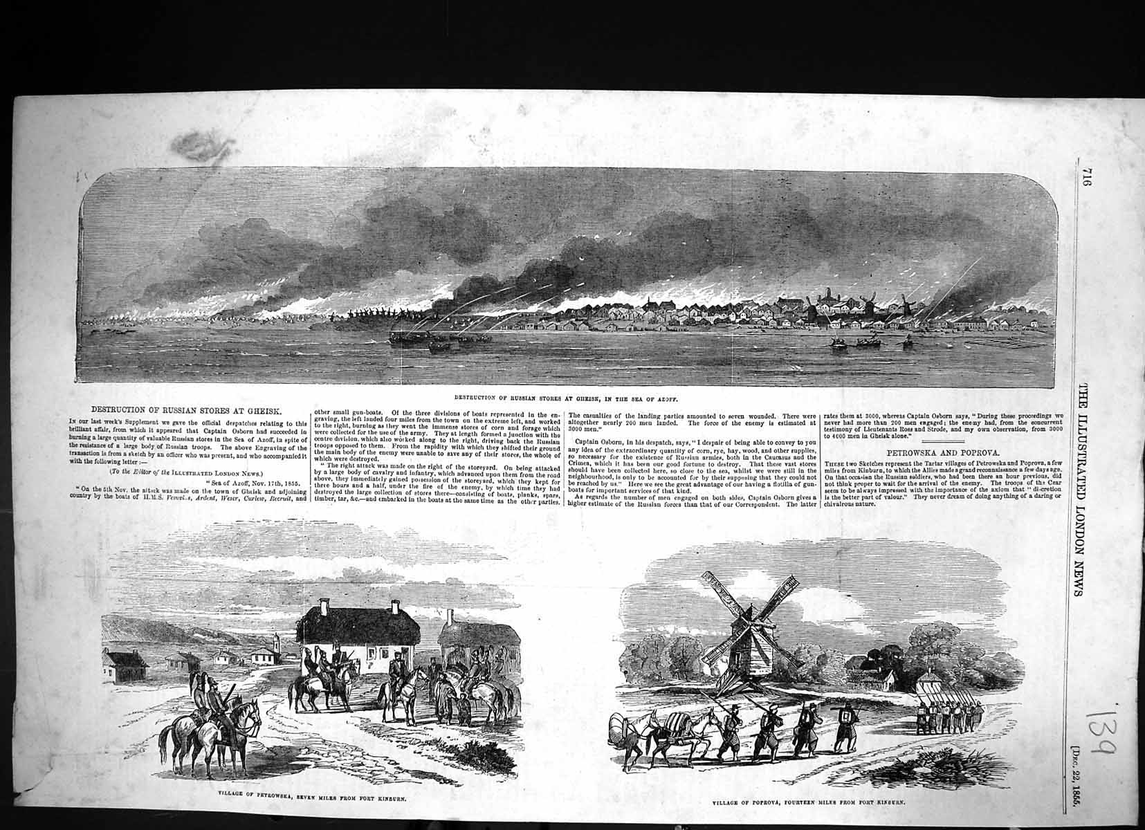 Old 1855 Destruction Russian Stores Gheisk Sea Azoff Petrowska Poprov Victorian