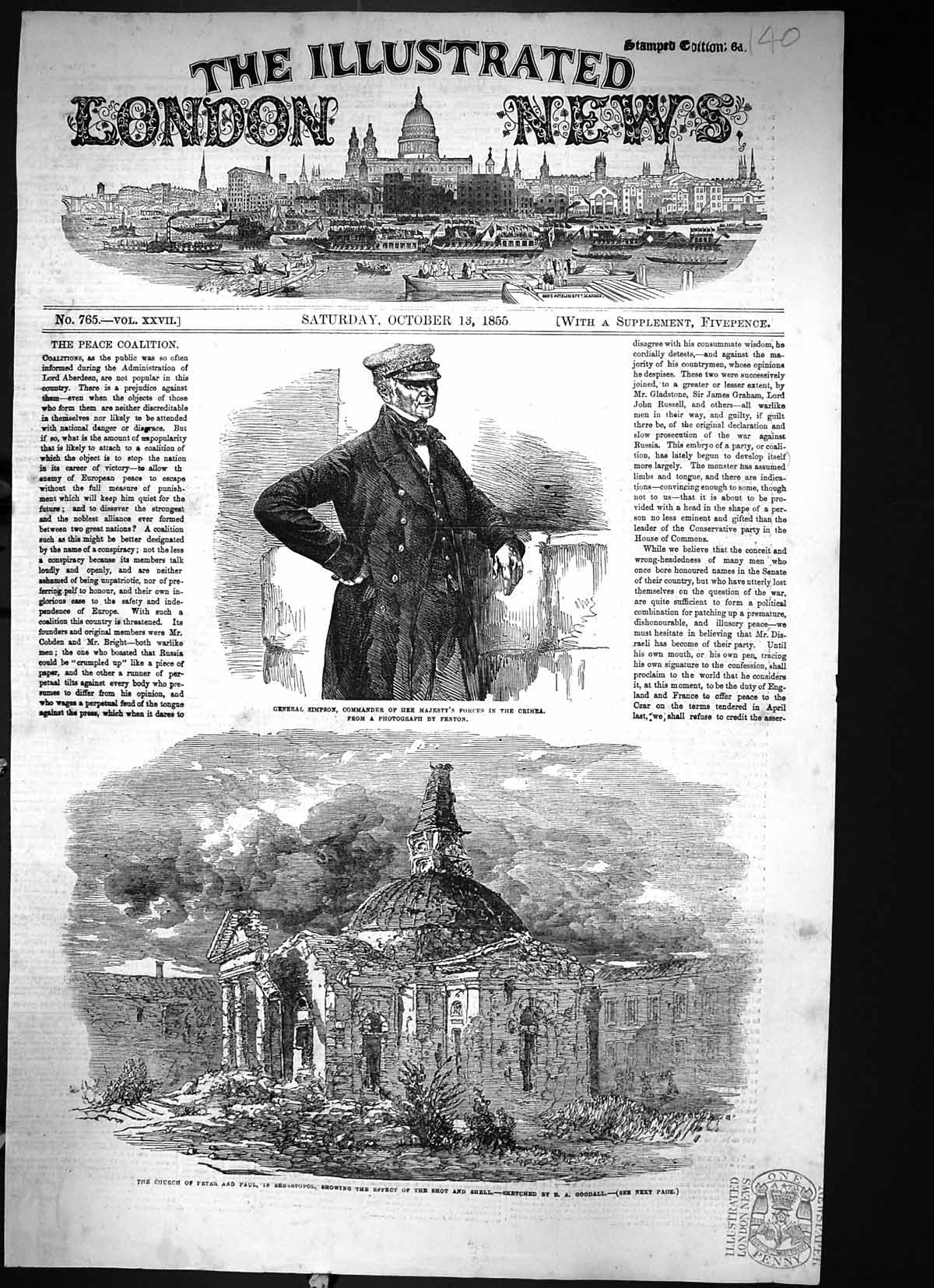 Old 1855 General Simpson Commander Crimea Church Peter Paul Sebastopo Victorian