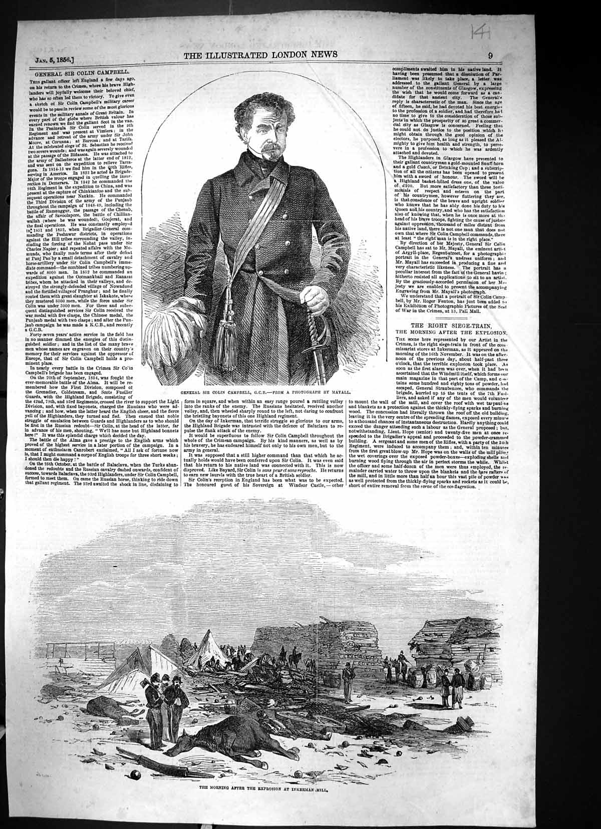 Antique Print 1856 General Sir Colin Campbell Explosion Inkerman Mill Siers