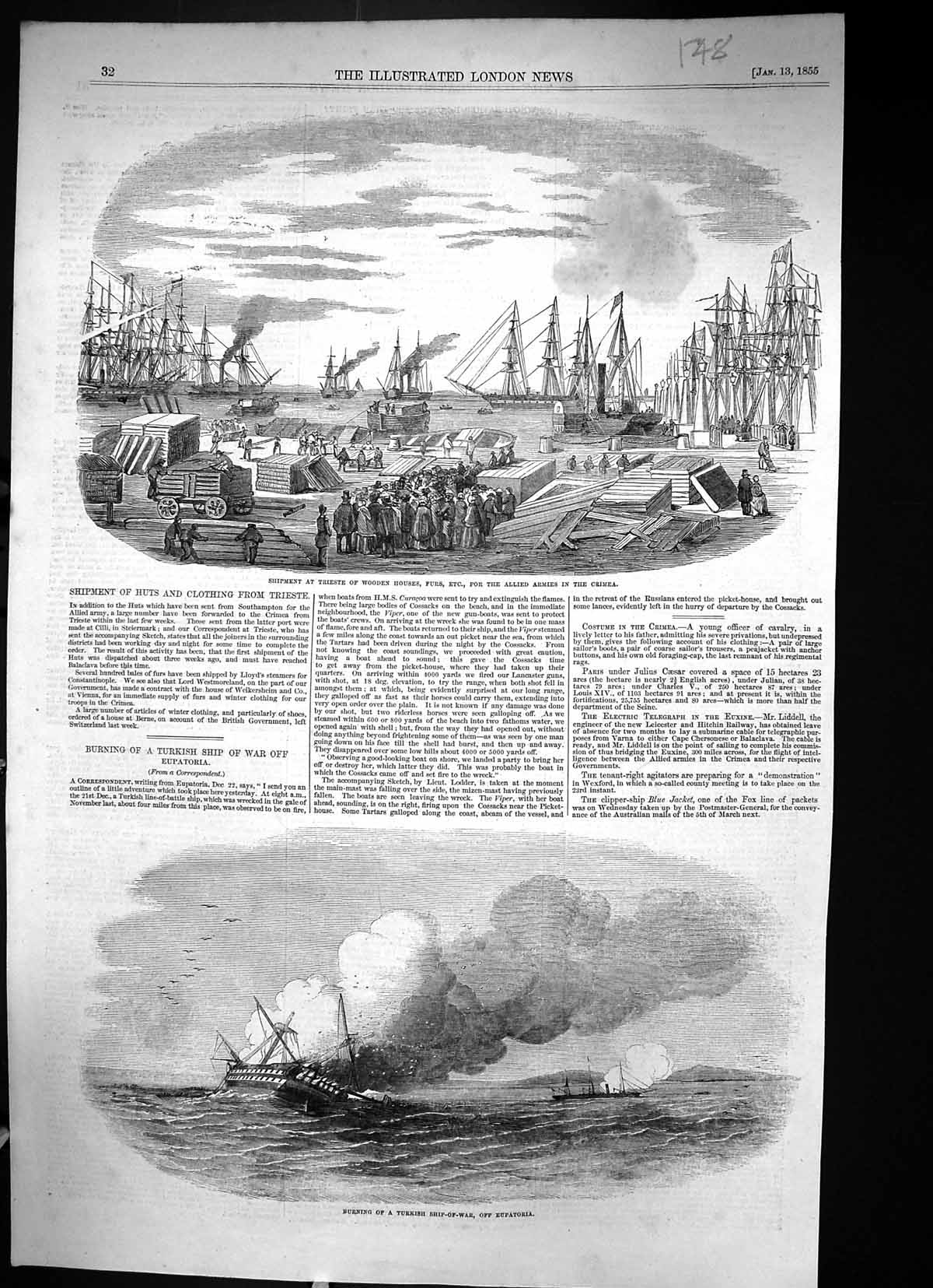 Old 1855 Shipment Trieste Wooden Houses Crimea Ships Fire Turkish Shi Victorian