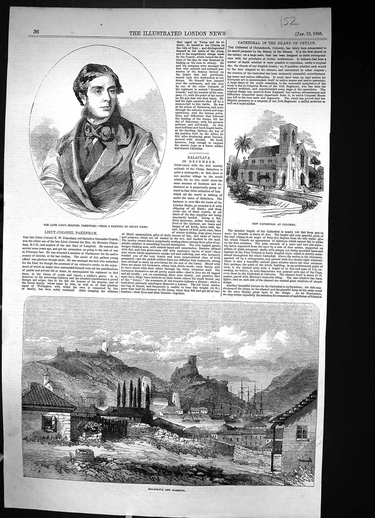 Antique Old Print 1855 -Colonel Pakenham Cathedral Colombo Balaclava Harbour