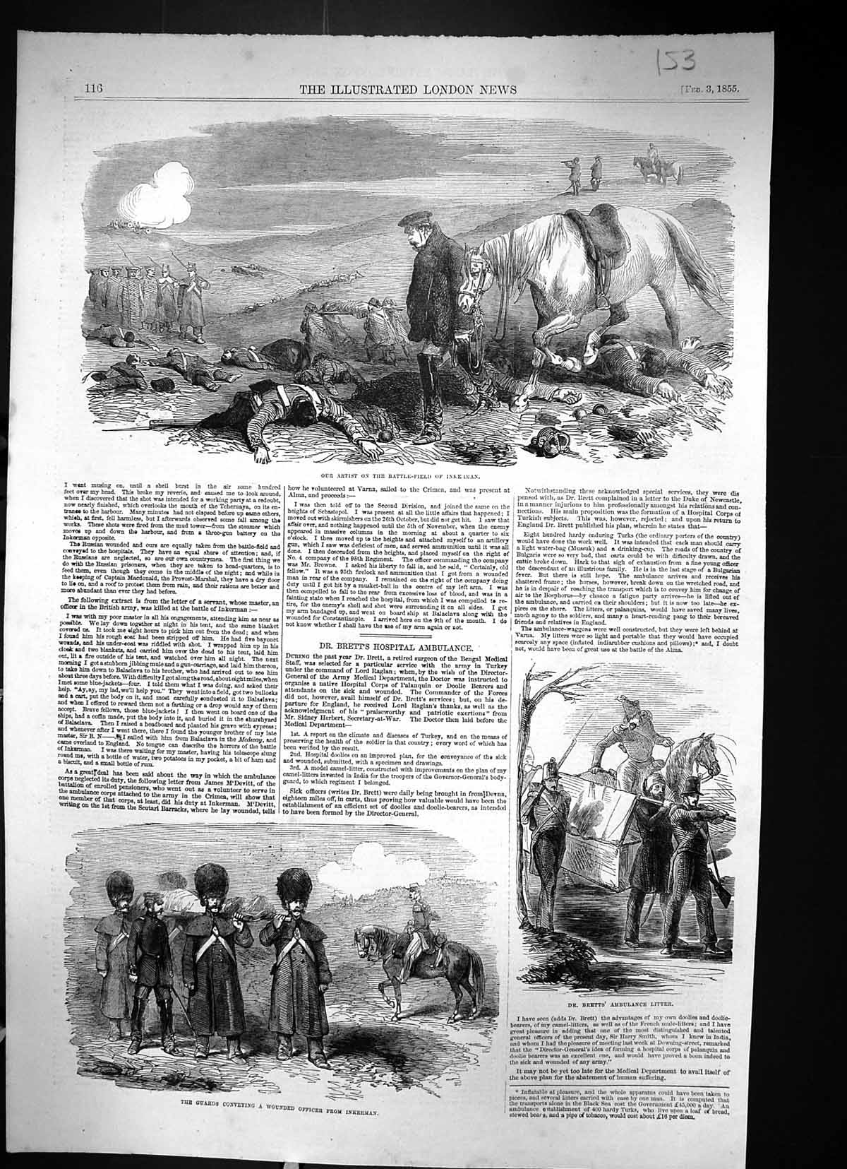 Old Print 1855 Battle Field Inkerman War Siers Guards Wounded Officer Br 19th