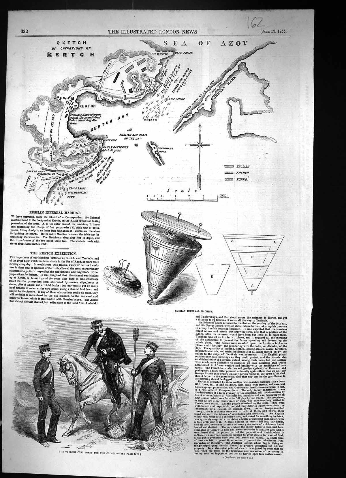 Old Print 1855 Map Sea Azov Russian Infernal Machine Turkish Siers Crime 19th