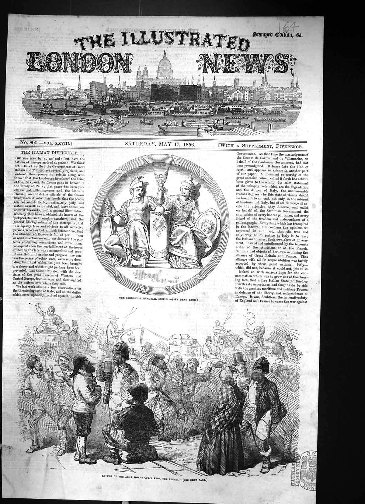 Antique Old Print 1856 Sandhurst Memorial Shield Army Works Corps Crimea War