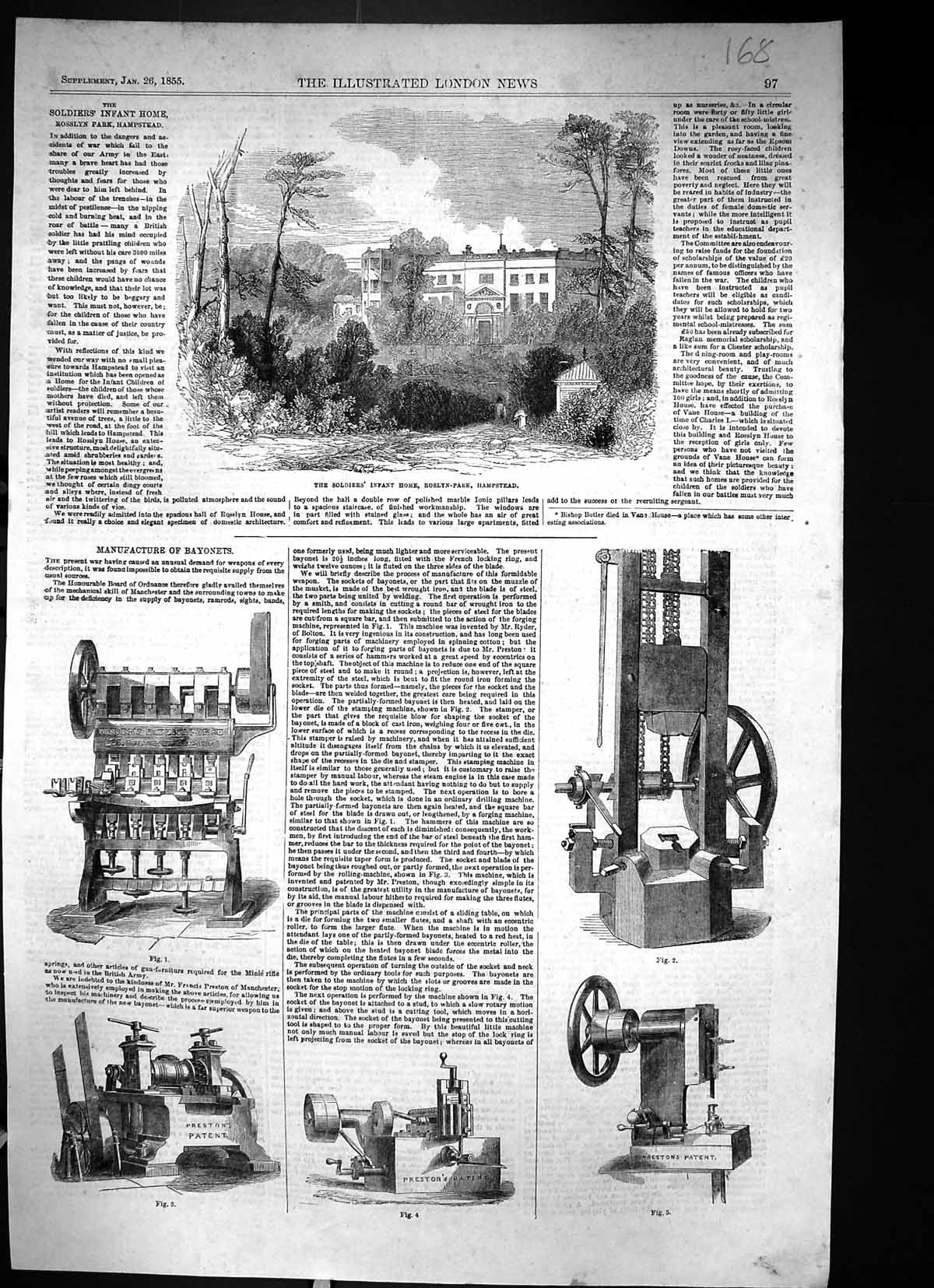 Old Print 1855 Siers Infant Home Hampstead Manufacture Machines Bayonets 19th