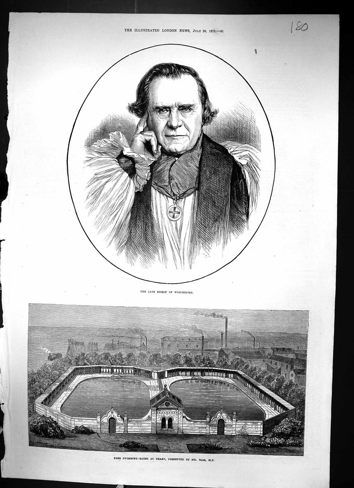 Antique Old Print 1873 Portrait Bishop Winchester Free Swimming Baths Derby