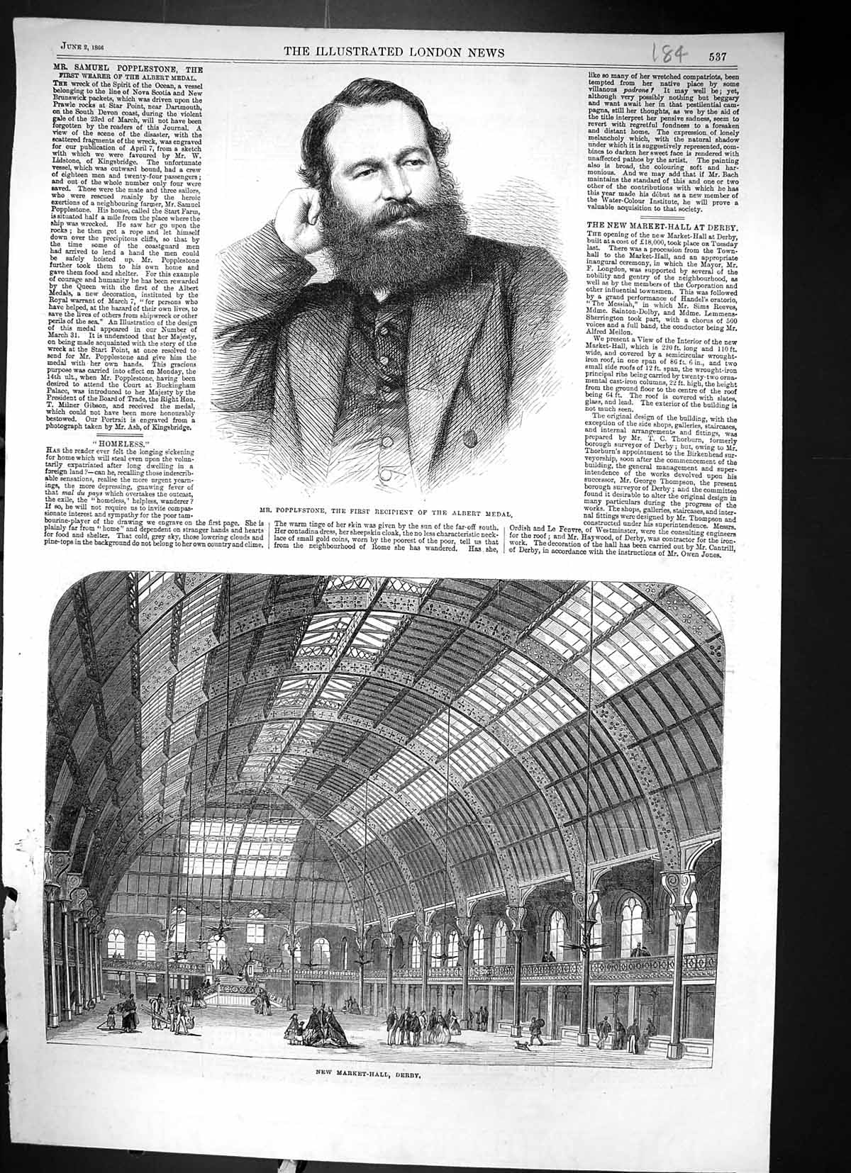 Old 1866 Popplestone Albert Medal Interior Market Hall Derby Architec Victorian