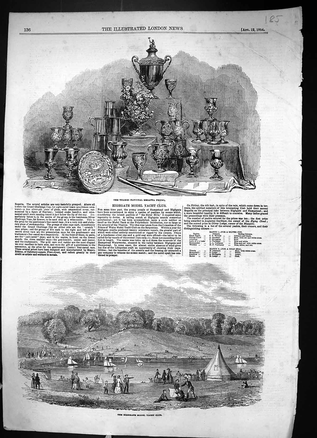 Antique Print 1854 Thames National Regatta Prize Highgate Model Yacht Club 19th