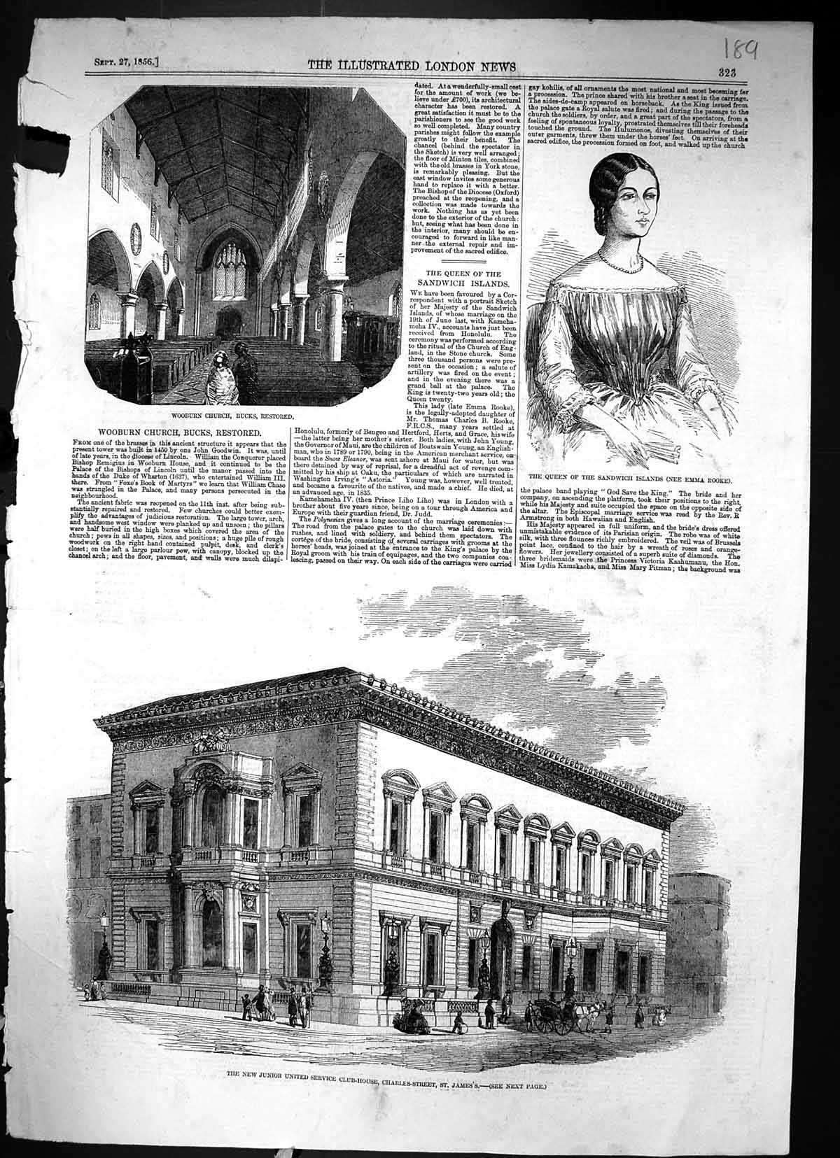 Old 1856 Junior Service Club-House St. James'S Emma Rooke Sandwich Wo Victorian