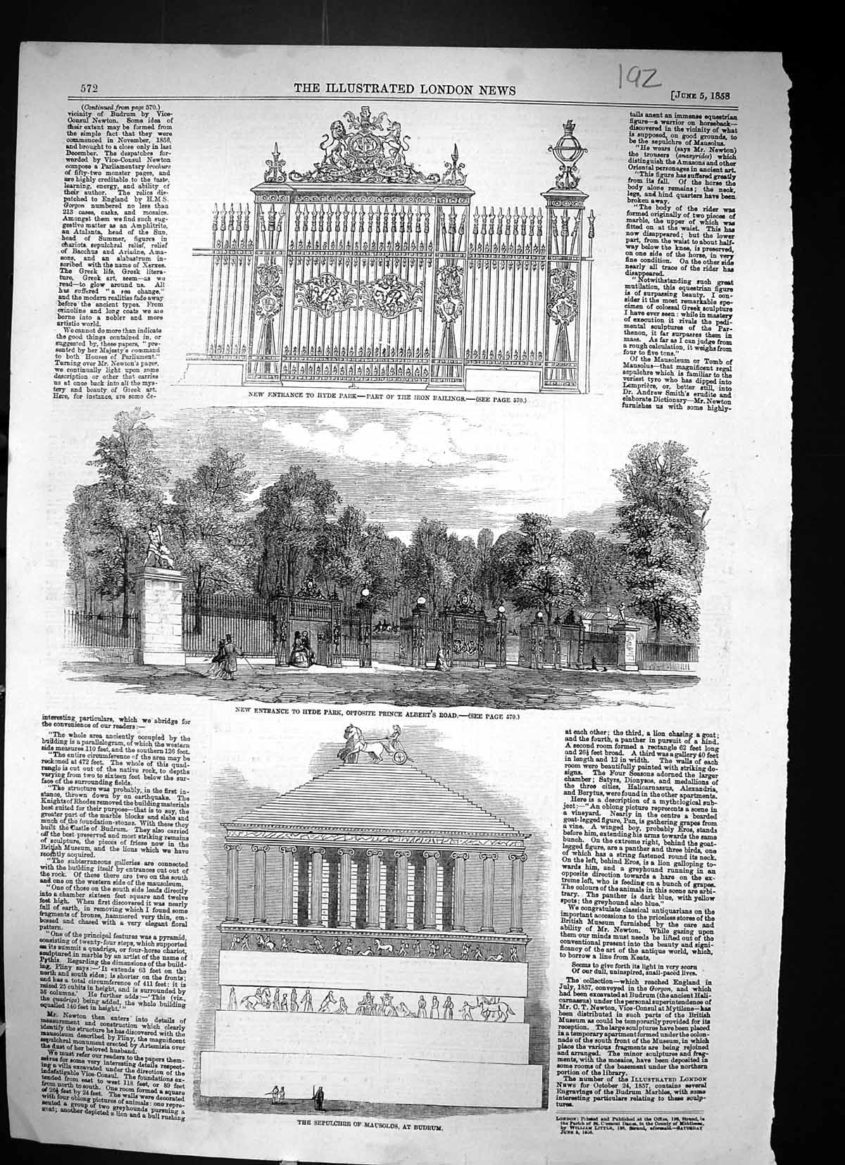 Antique Print 1858 Entrance Gate Hyde Park London Sepulchre Mausolus Budrum