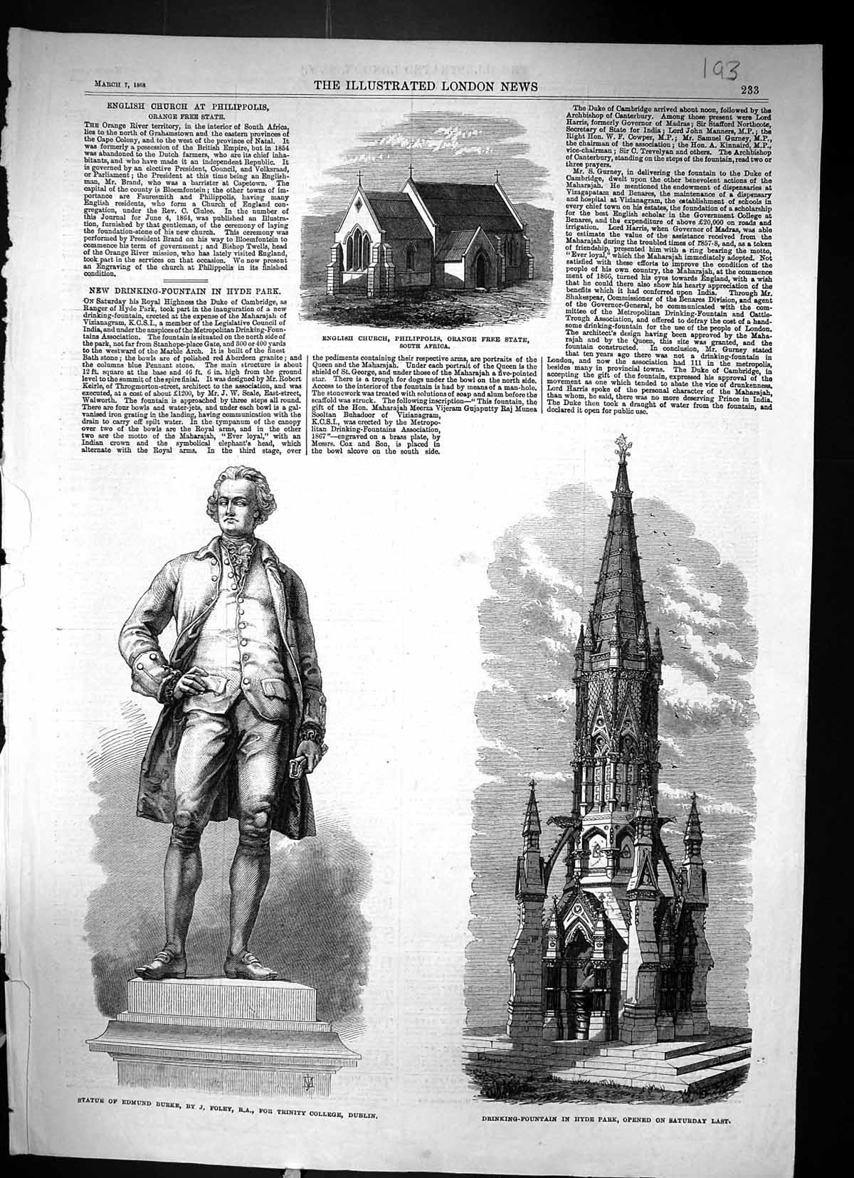 Old 1868 English Church Philippolis Africa Statue Edmund Burke Founta Victorian