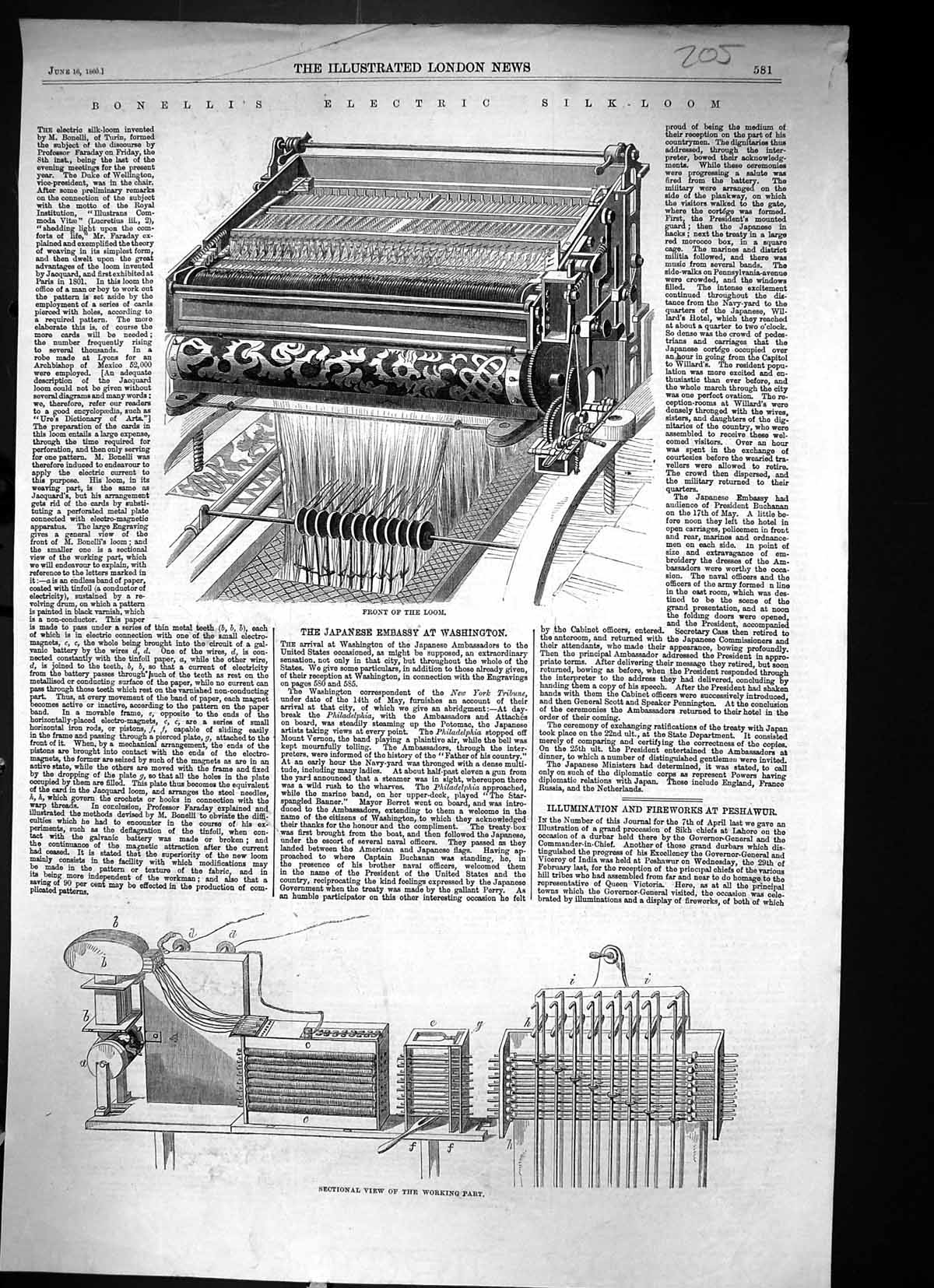 Old 1860 Bonelli Electric Silk Loom Machinery Sectional View Working Victorian