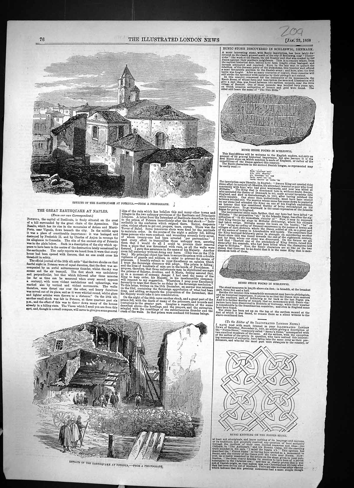 Old 1858 Earthquake Potenza Runic Stone Schleswig Denmark Archaeology Victorian