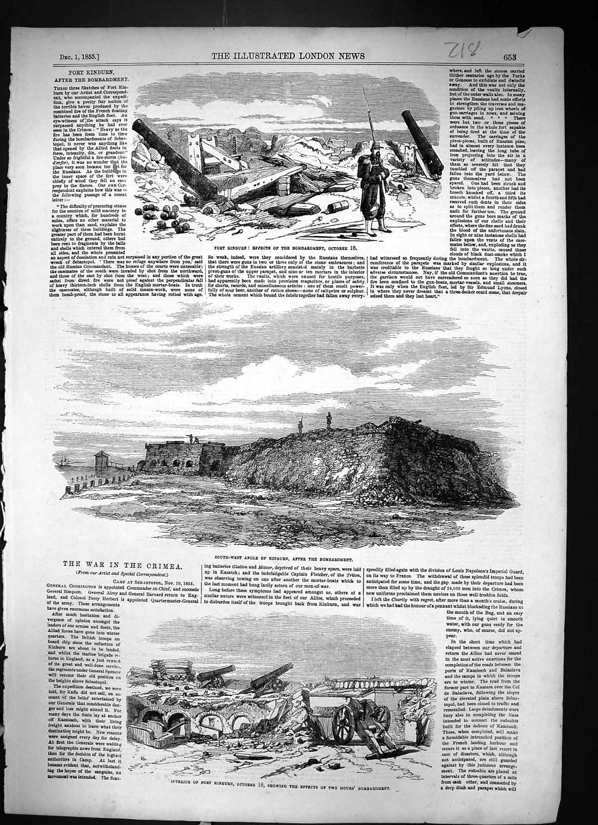 Original Old Antique Print 1855 Fort Kinburn Bombardments War Crimea Victorian