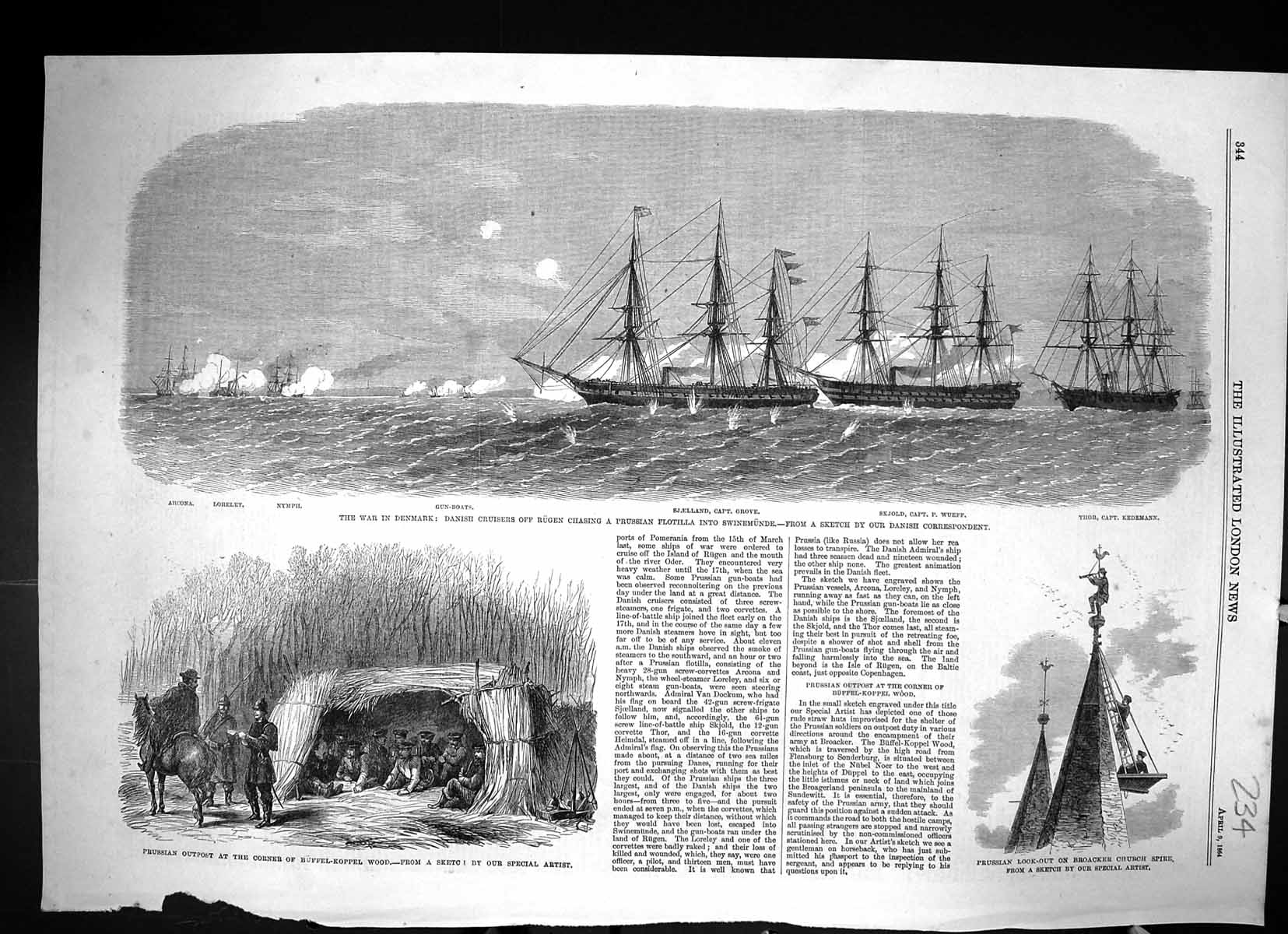 Antique Print 1864 War Denmark Ships Arcona Loreley Nymph SkjGrove Wueff Th