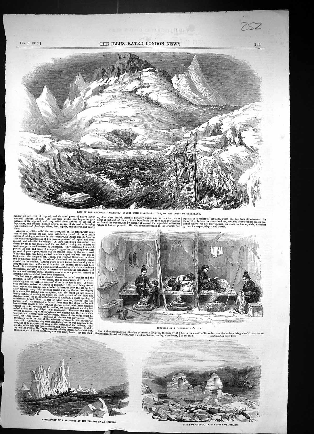 Old 1856 Loss Ship Wreck Schooner Archuus Silver Lead Greenland Churc Victorian
