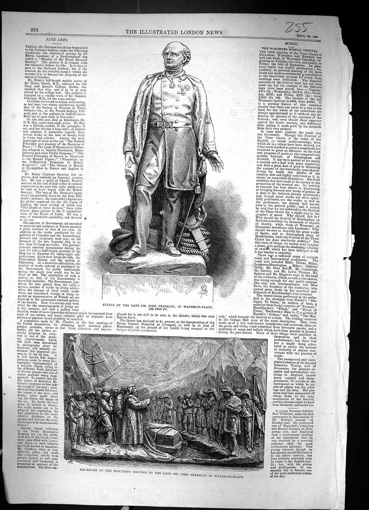Antique Print 1866 Statue John Franklin Waterloo-Place Bas-Relief Monument 19th