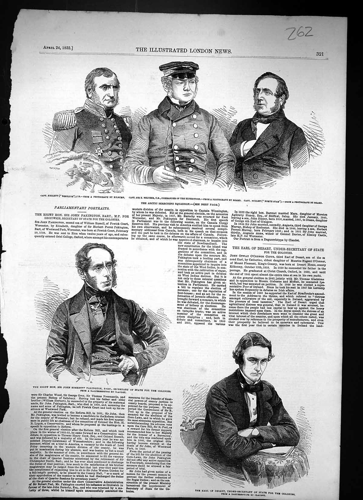 Old 1852 John Pakington Arctic Earl Desart Kellett Belcher Pullen Nor Victorian