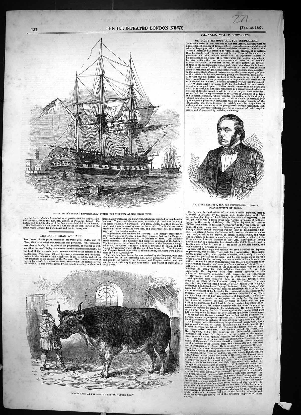 Old 1853 Digby Seymour Sloop Ship Rattlesnake Arctic Expedition Mardi Victorian