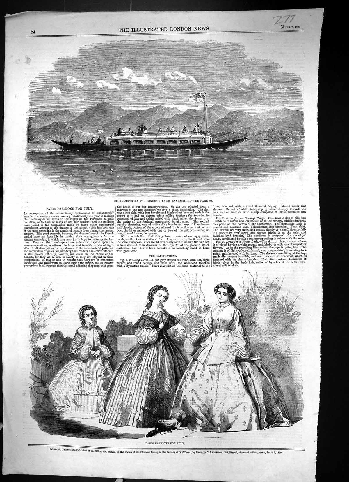 Old 1860 Steam Gondola Coniston Lake Lancashire Paris Ladies Fashion Victorian