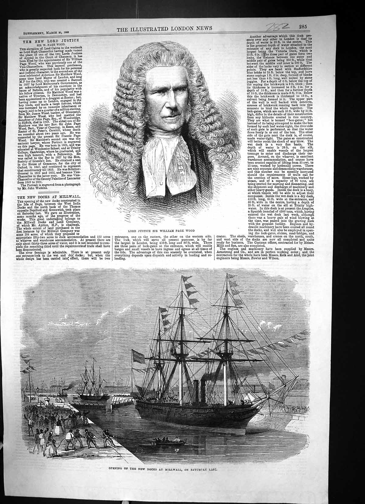 Old Print 1868 Lord Justice William Page Wood Opening Docks Millwall Ship 19th