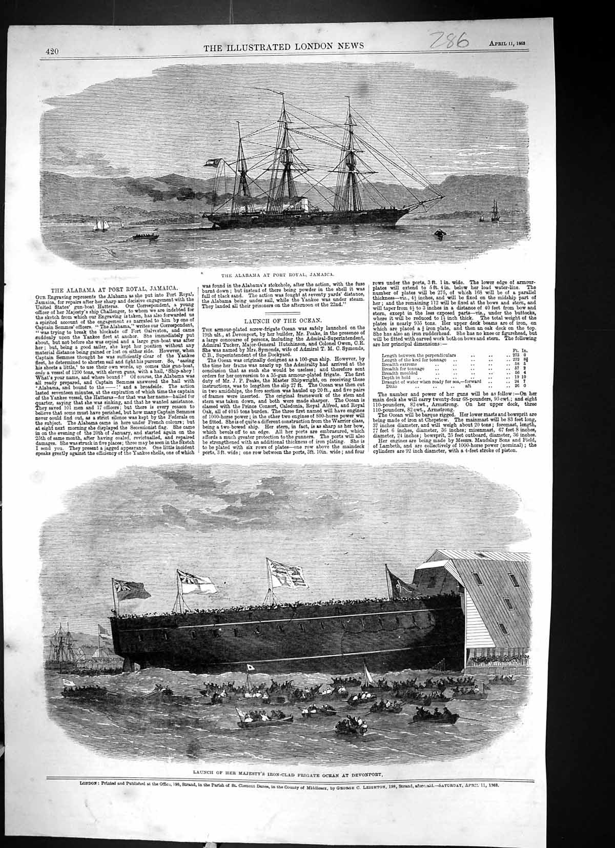 Old 1863 Alabama Port Royal Jamaica Ship Launch Iron-Clad Frigate Oce Victorian