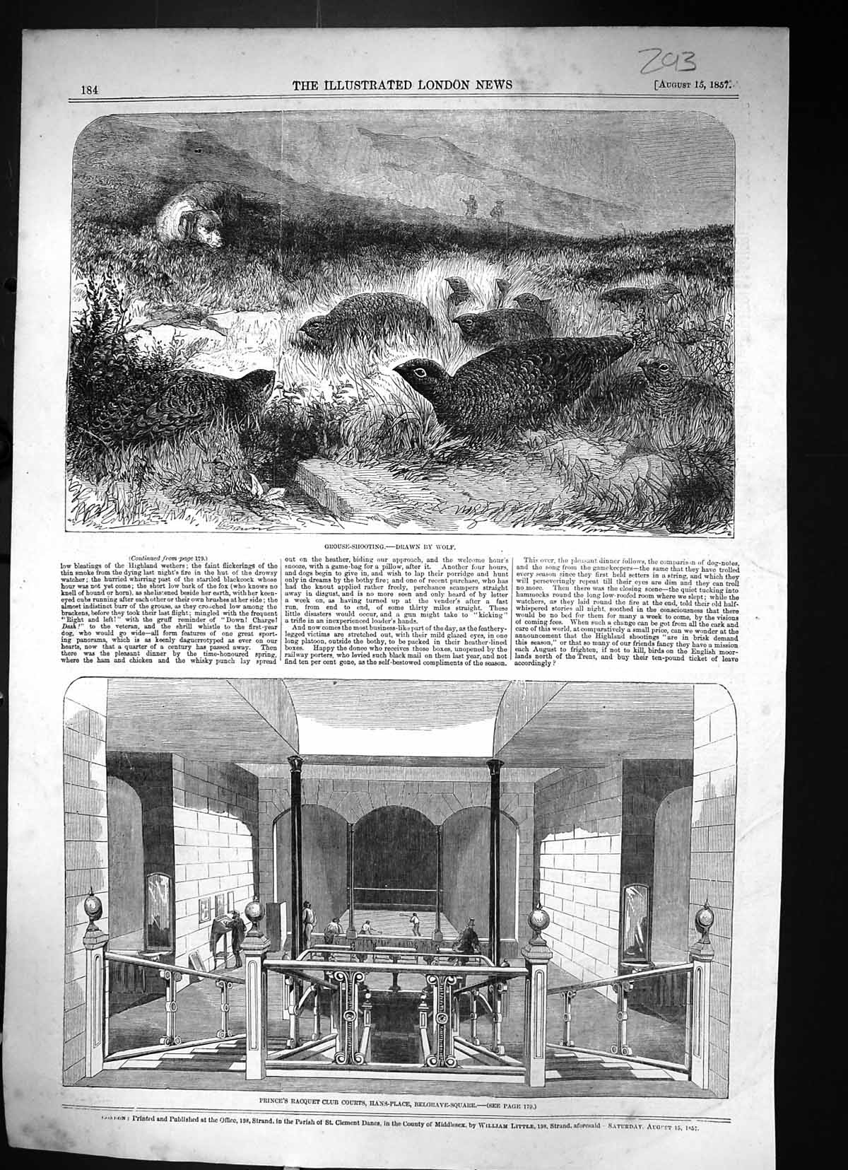 Old 1857 Grouse Shooting Hunting Prince Raquet Club Belgrave Square H Victorian