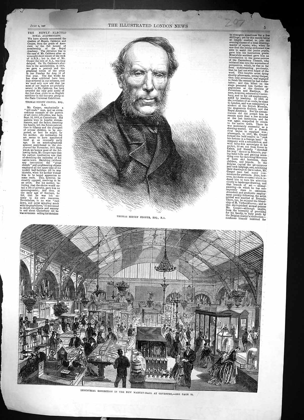 Antique Old Print 1867 Thomas Sidney Cooper Exhibition Market Hall Coventry
