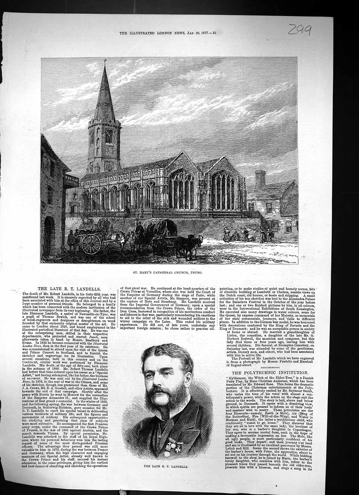 Old Print 1877 St. Mary'S Cathedral Church Truro Portrait Robert Landells 19th