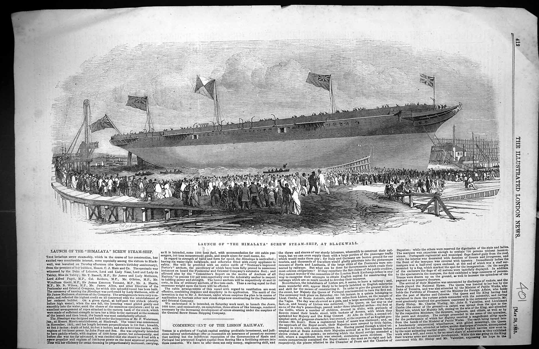 Old Print 1853 Scene Launch Himalaya Leviathan Screw Steam Ship Blackwall 19th