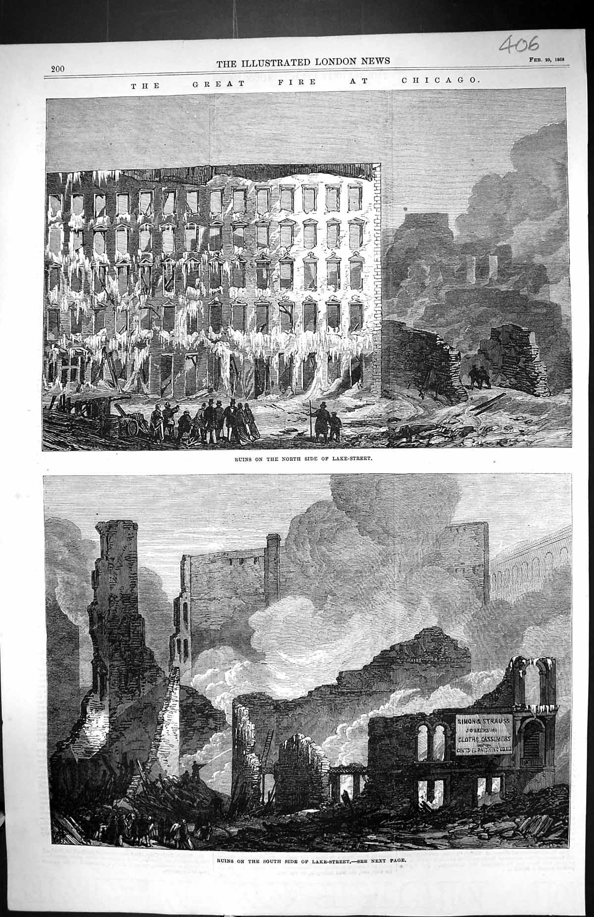 Old Antique Print 1868 Fire Chicago America Lake Street Buildings Ruins 19th