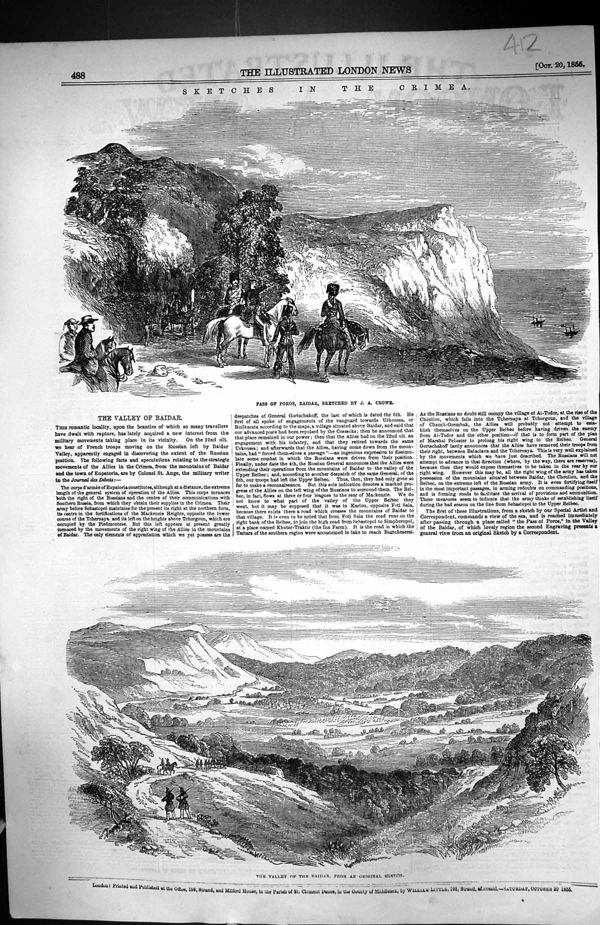 Old Print 1855 Crimea War Pass Poros Baidar Valley Mountains Siers Horse 19th