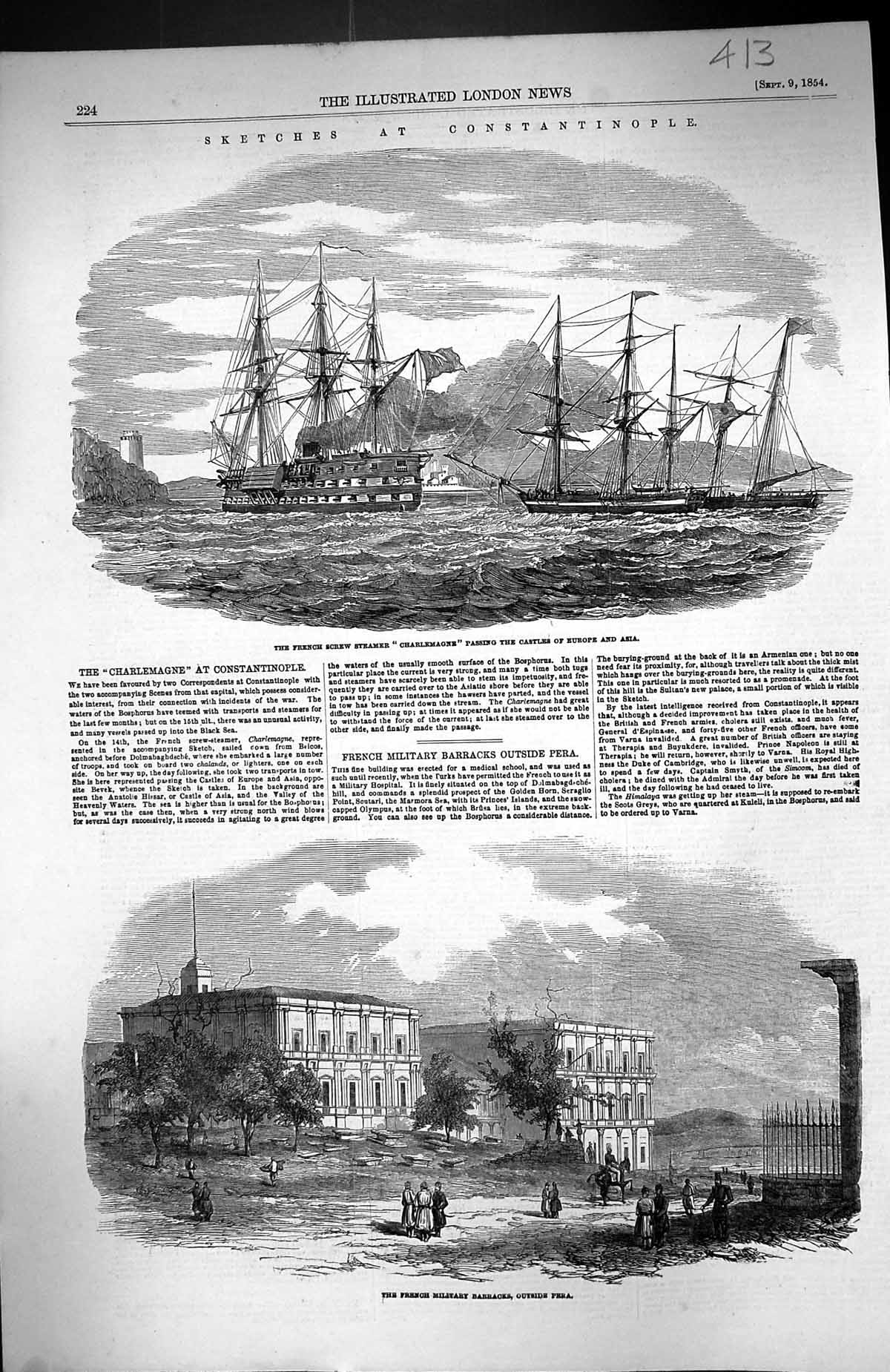 Old 1854 Constantinople French Screw Steamer Ship Charlemange Barrack Victorian