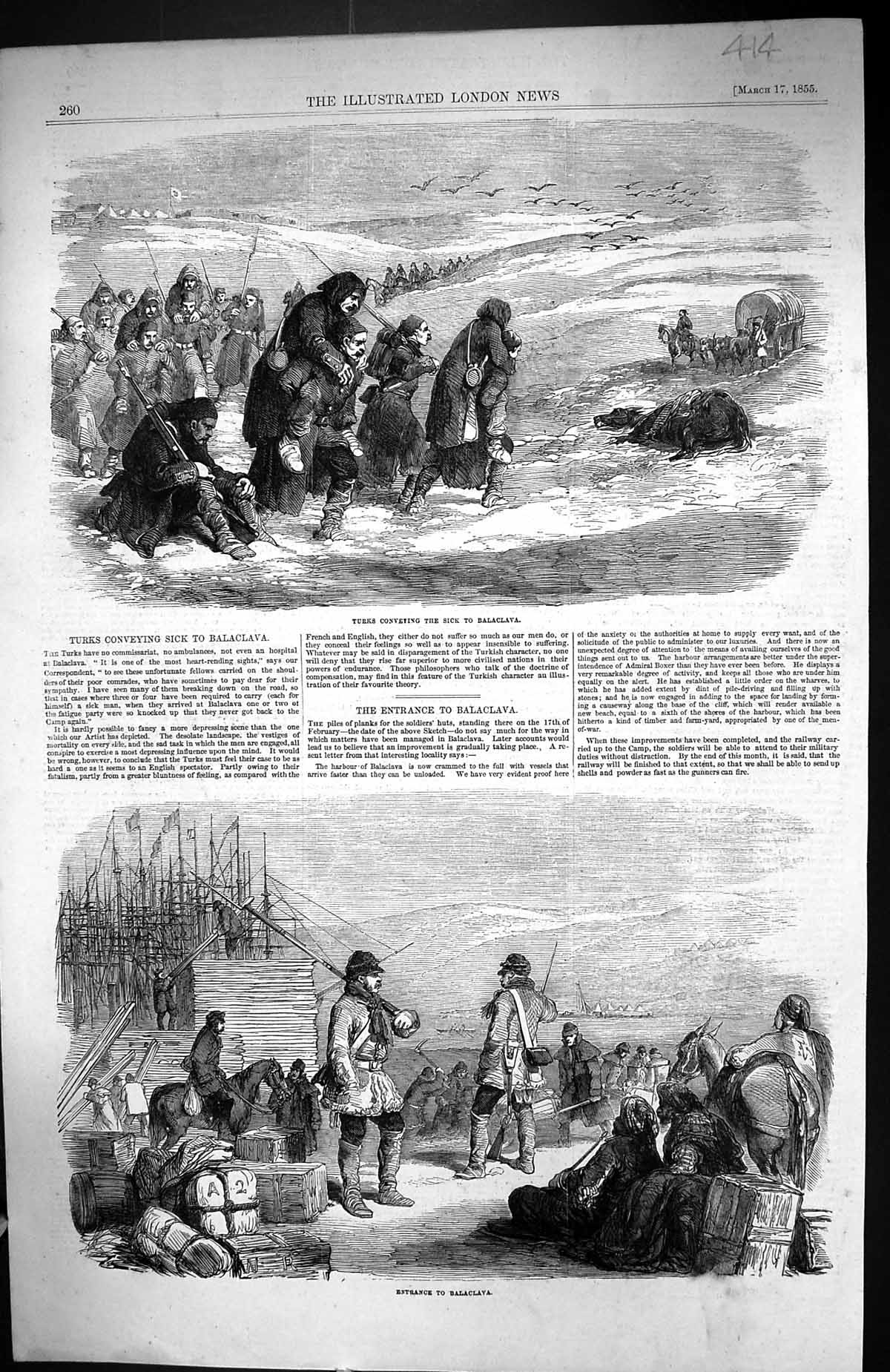 Old Print 1855 War Turks Conveying Sick Siers Hospital Balaclava Ships H 19th