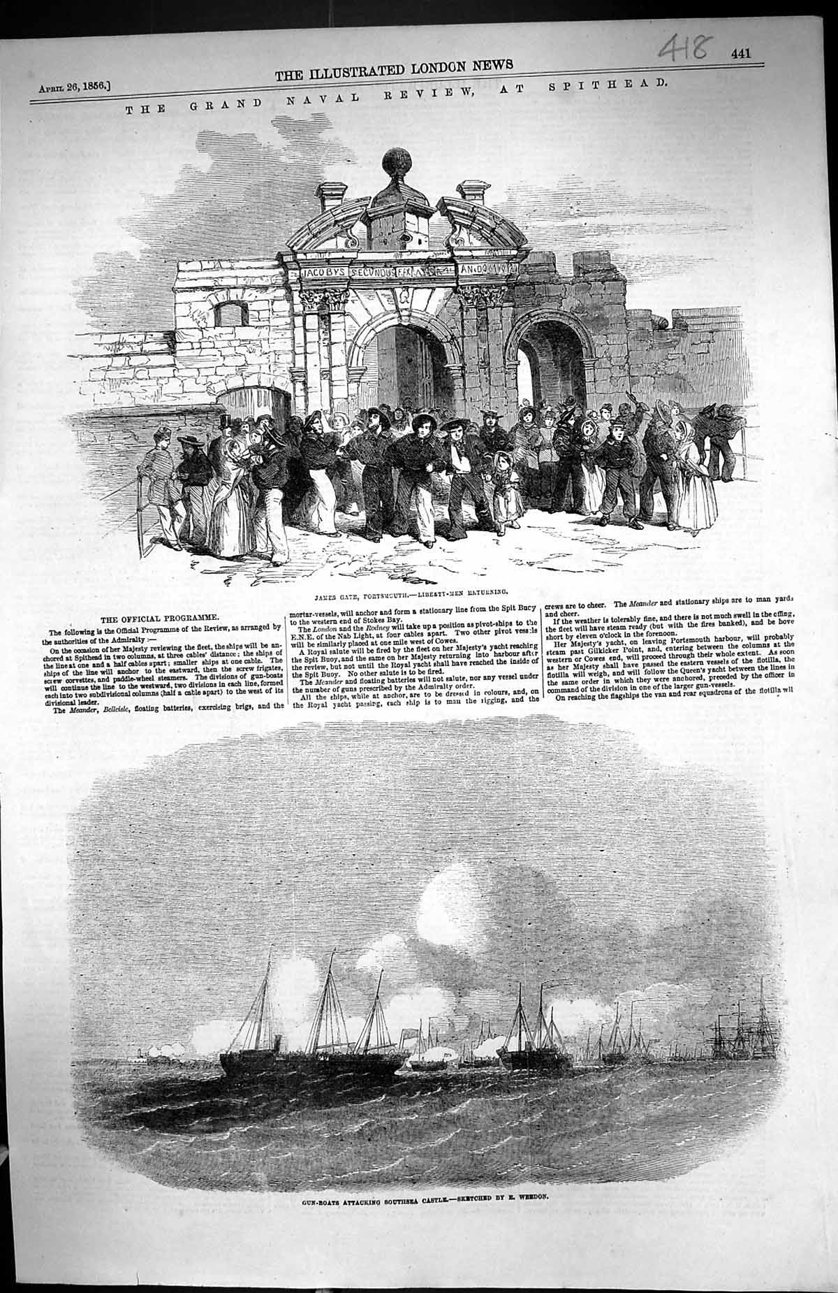 Old 1856 Naval Review Spithead James Gate Portsmouth Ships Southsea C Victorian