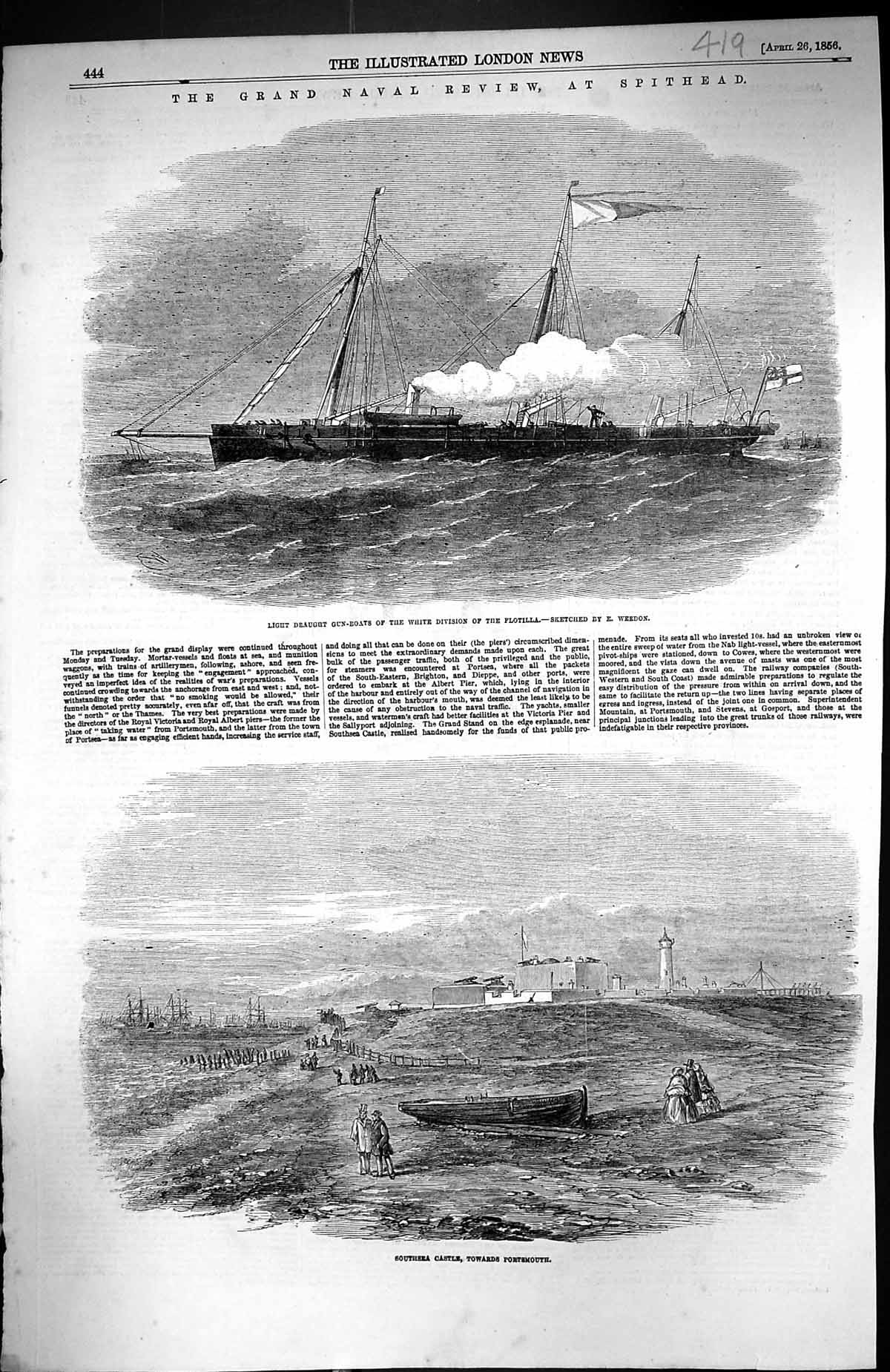 Old 1856 Southsea Castle Portsmouth Gun Boats Ships Flotilla Spithead Victorian