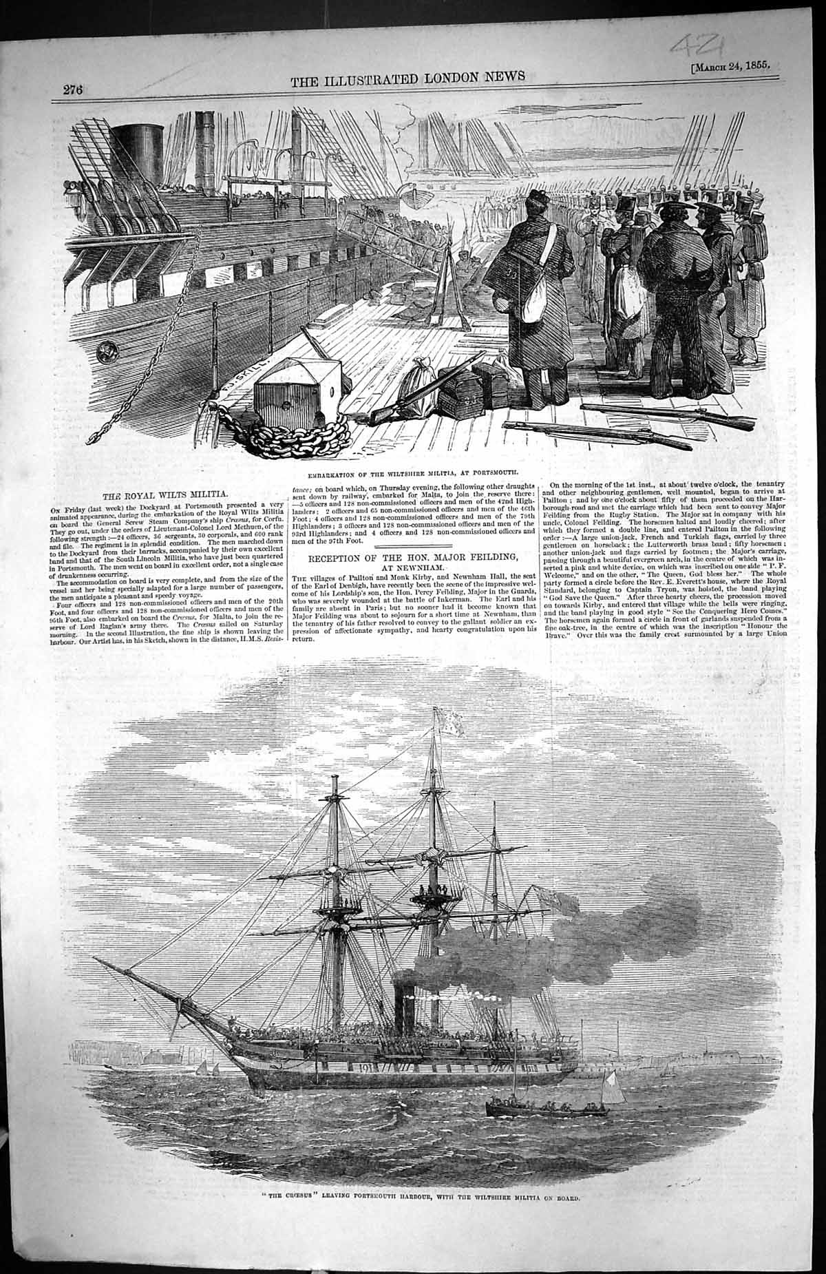 Old 1855 Embarkation Wiltshire Militia Portsmouth Croesus Ship Harbou Victorian