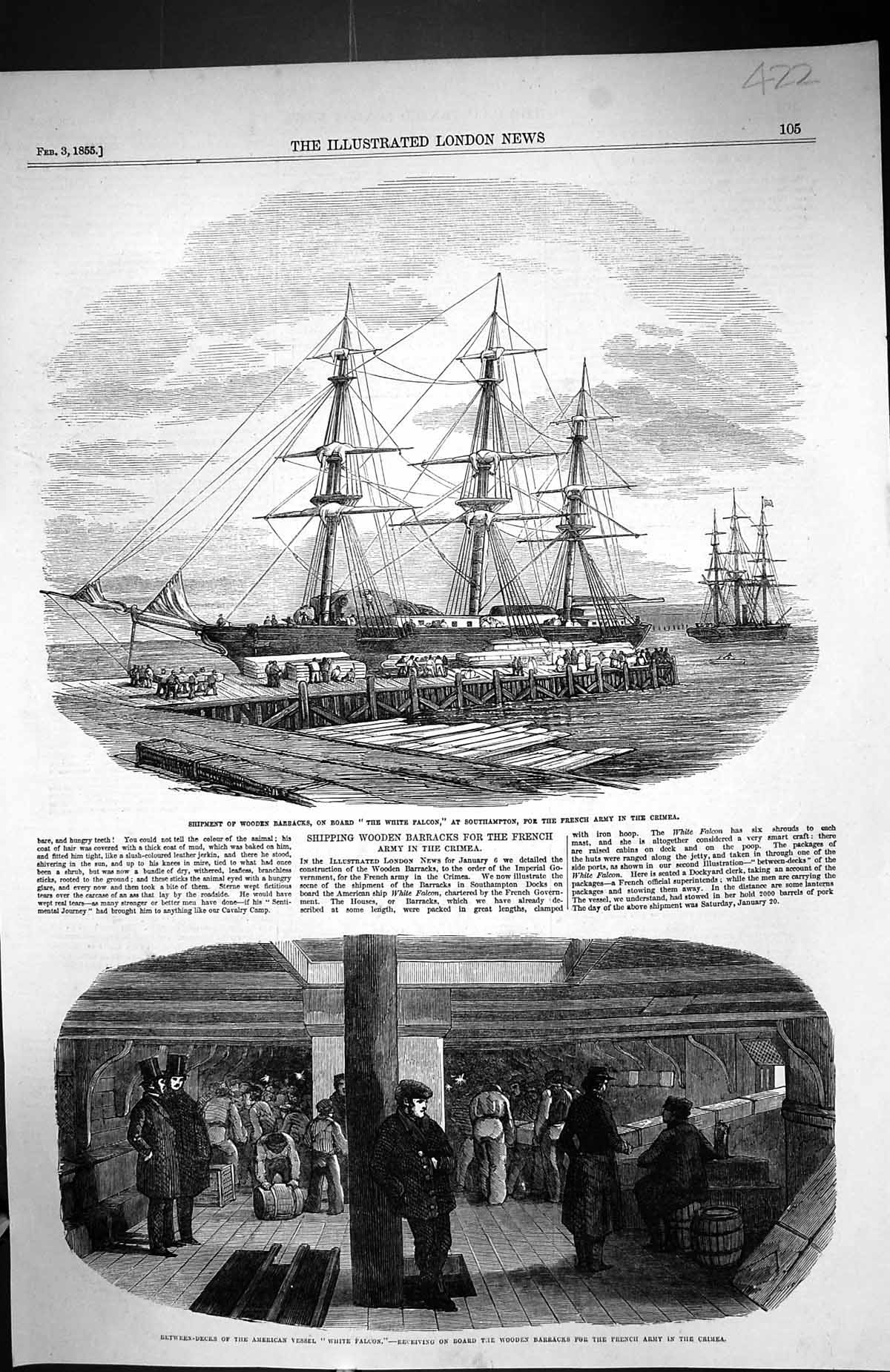 Old 1855 Ship Wooden Barracks White Falcon Southampton French Army Cr Victorian