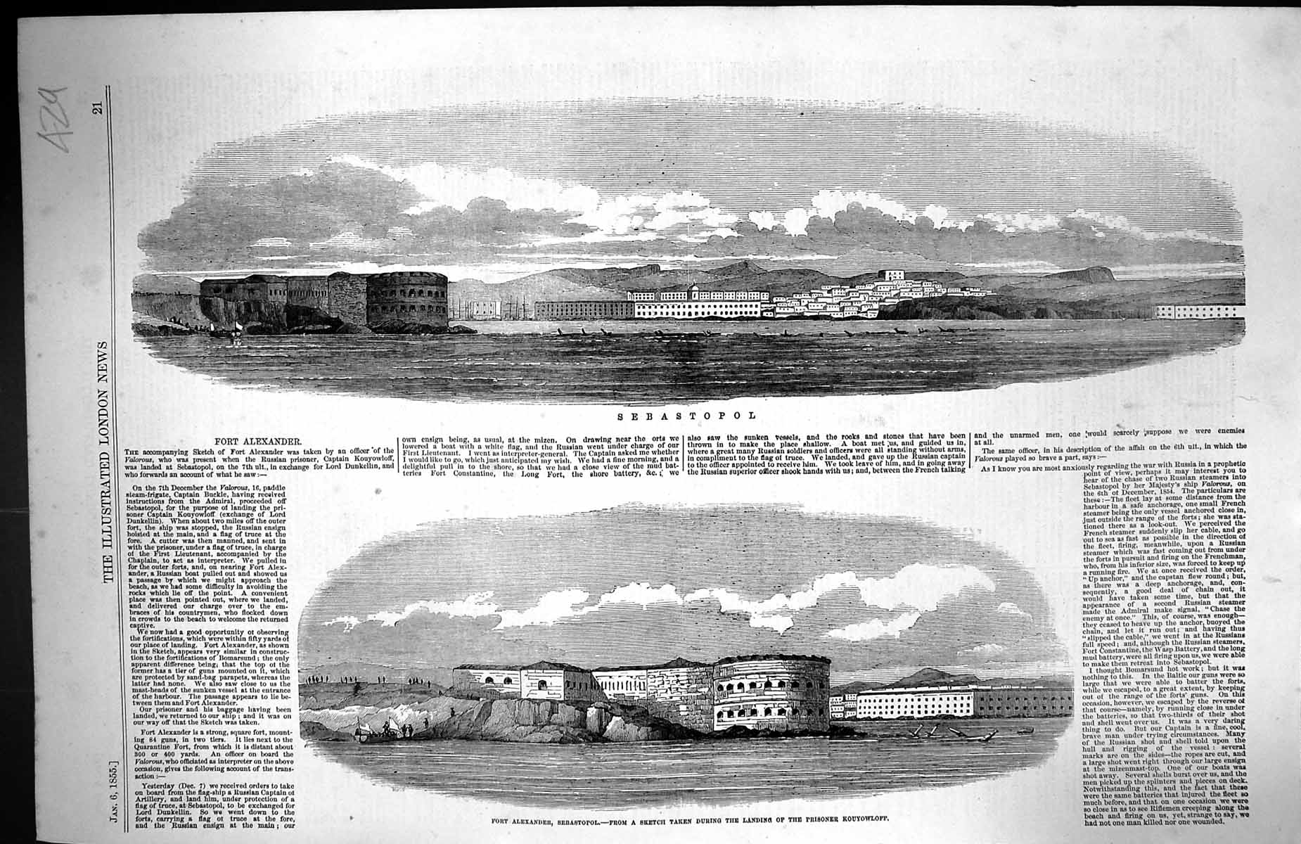 Old Print 1855 View Fort Alexander Sebastopol Prisoner Captain Kouyowloff 19th