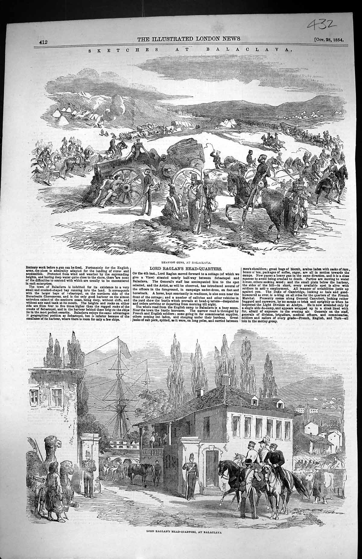 Old Print 1854 Balaclava War Siers Lord Raglan Headquarters Camel Ship H 19th