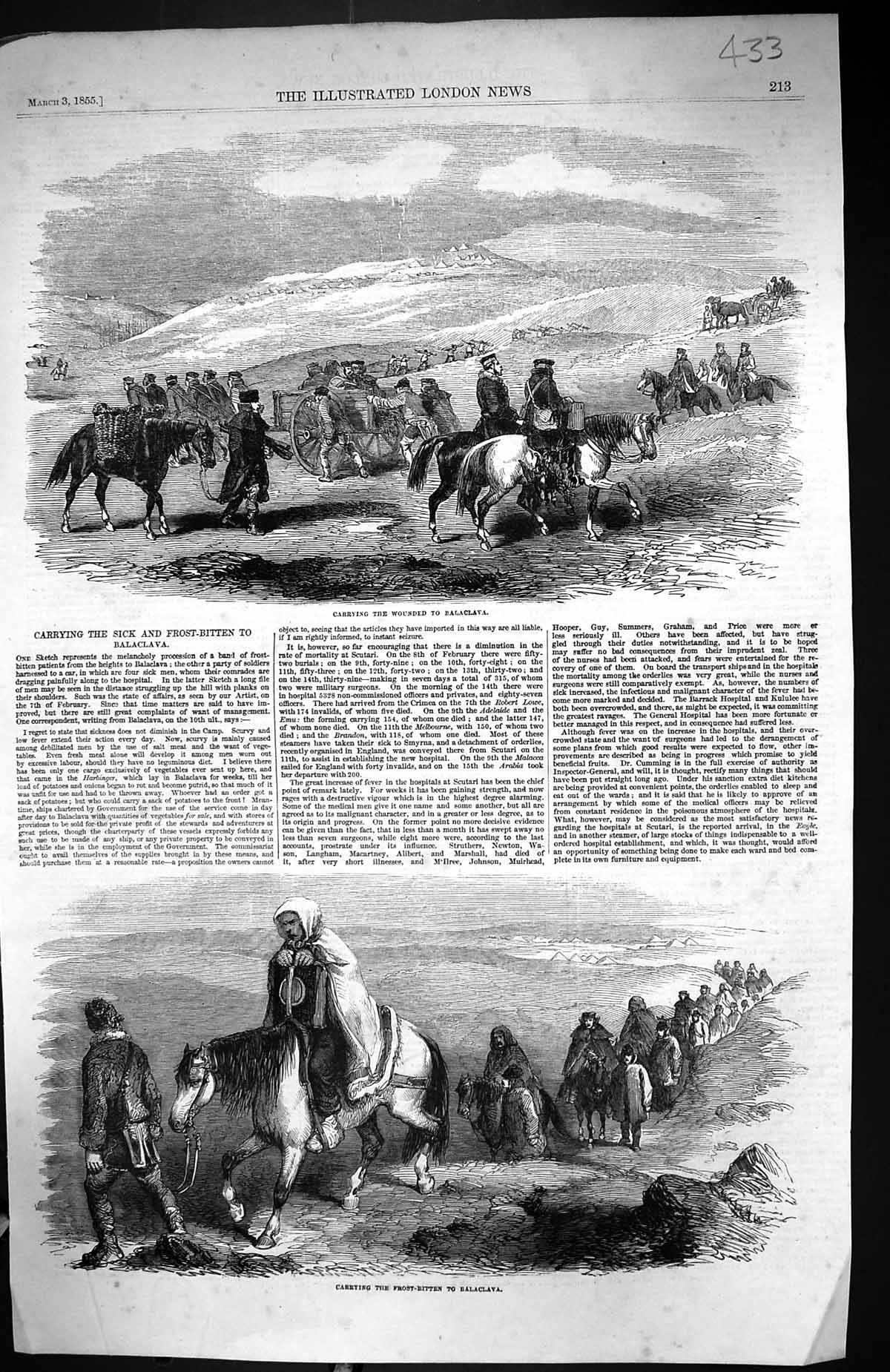 Antique Old Print 1855 Carrying Sick Frost-Bitten Seirs Balaclava Horses War